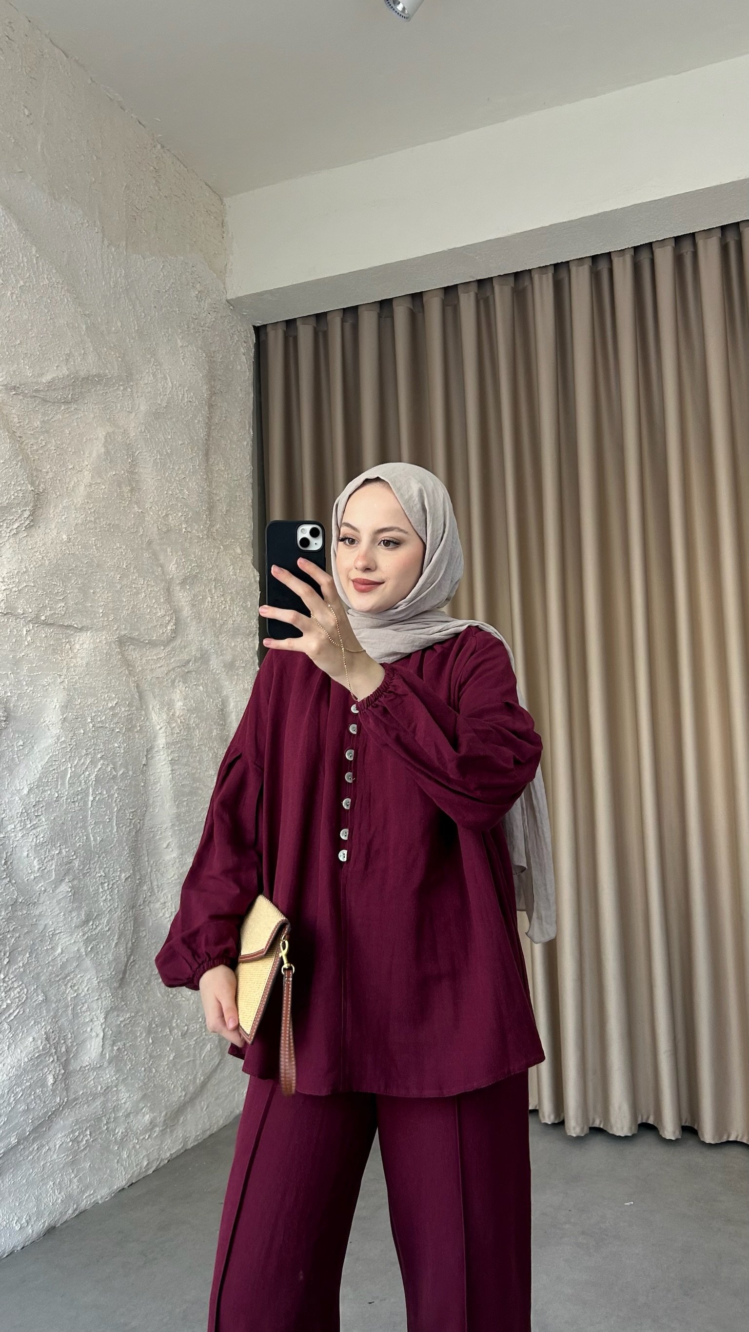 Önden Düğmeli Keten Pantolonlu Takım  - Bordo