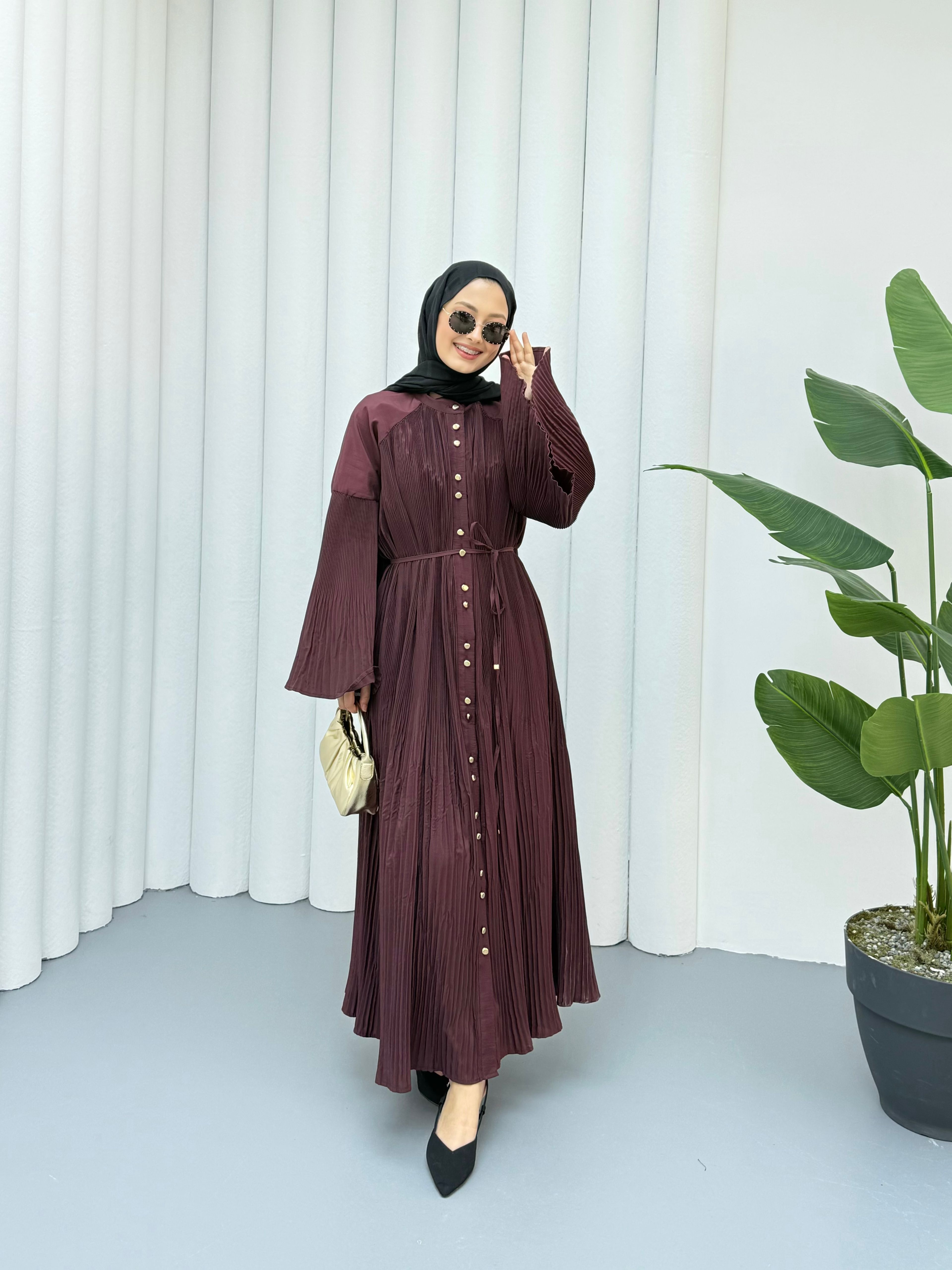 Dik Piliseli Premium Elbise - Bordo