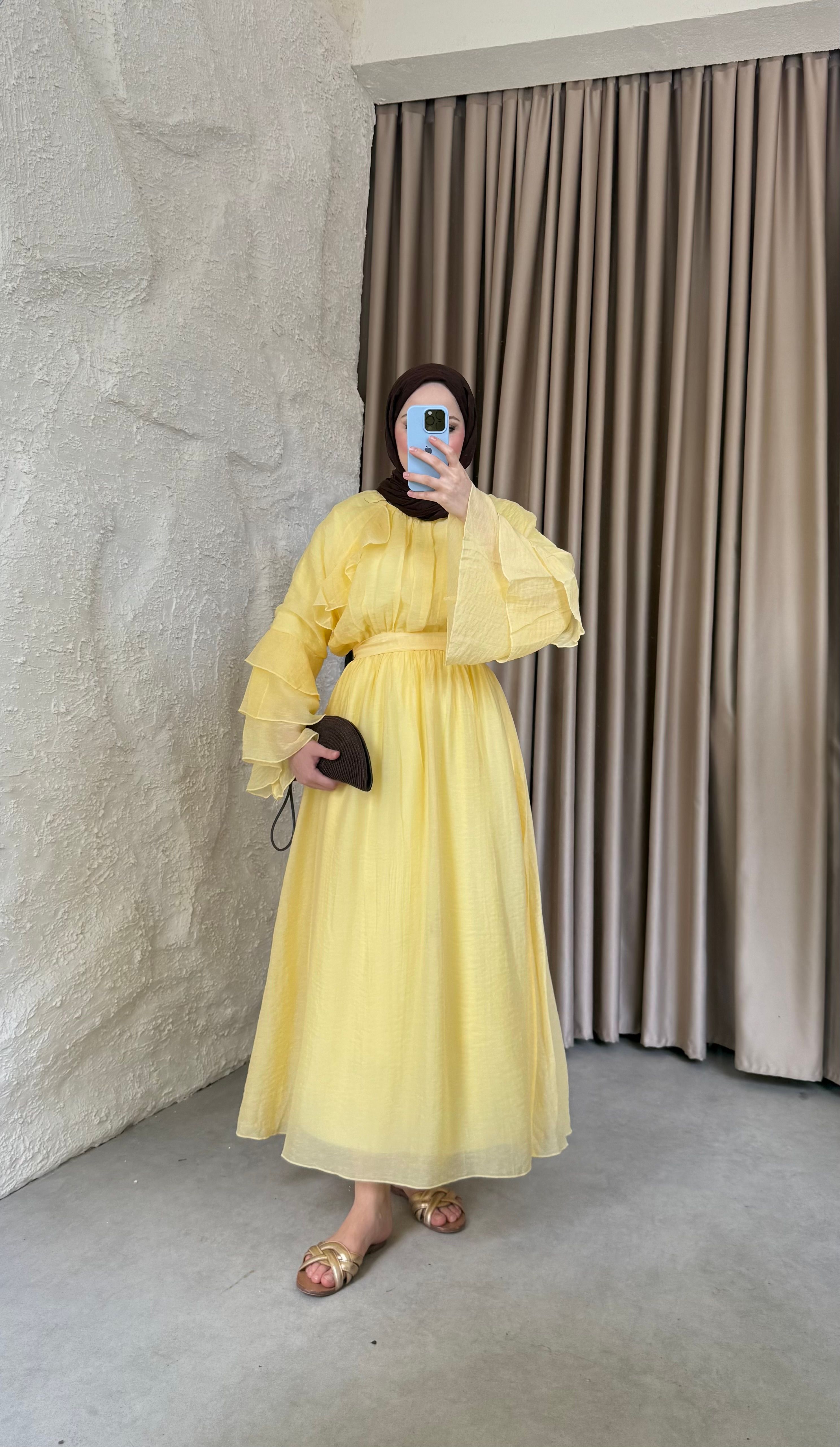 Kolları Volanlı Modal Tül Elbise Butteryellow 