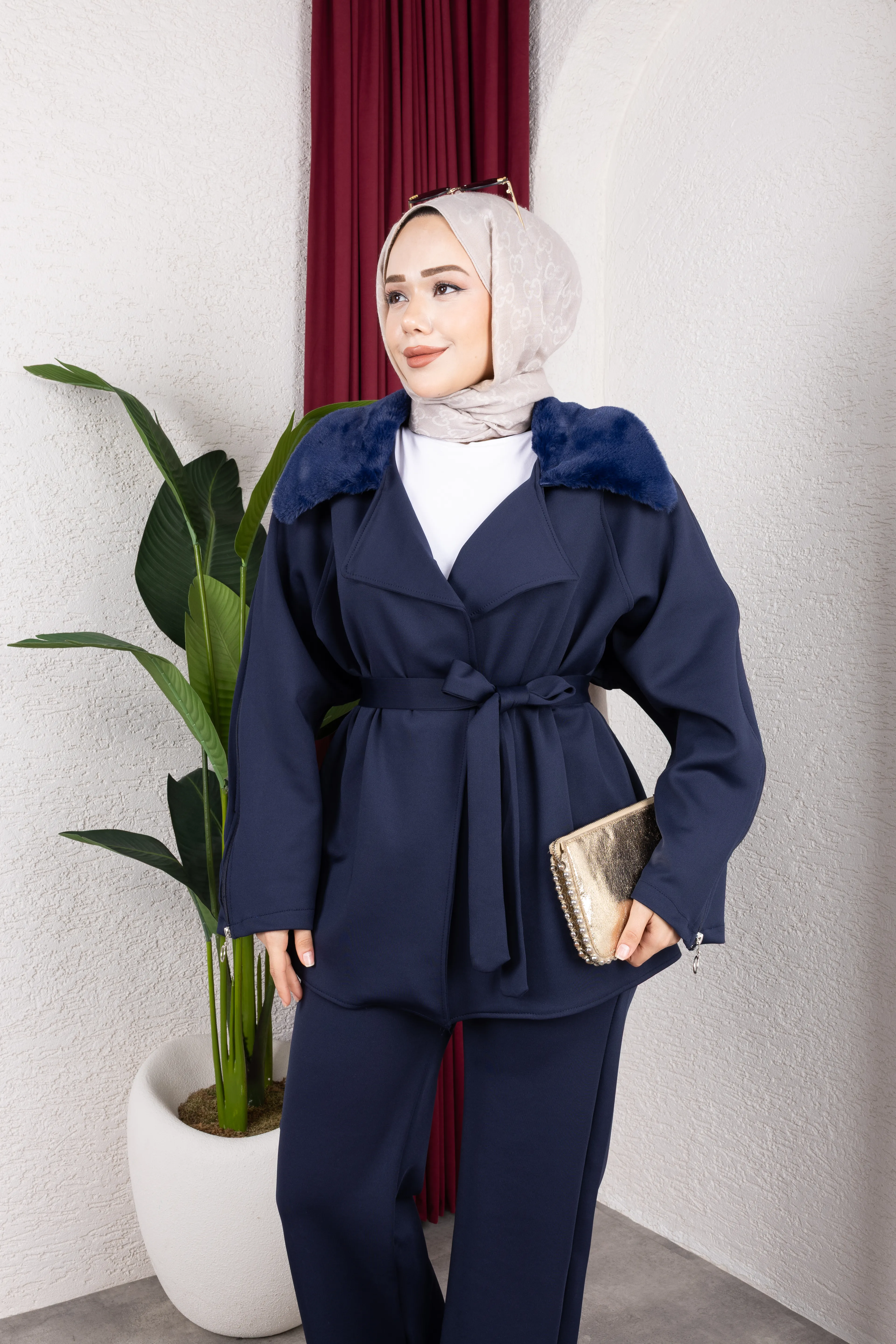 Kürklü Ceket Takım Lacivert