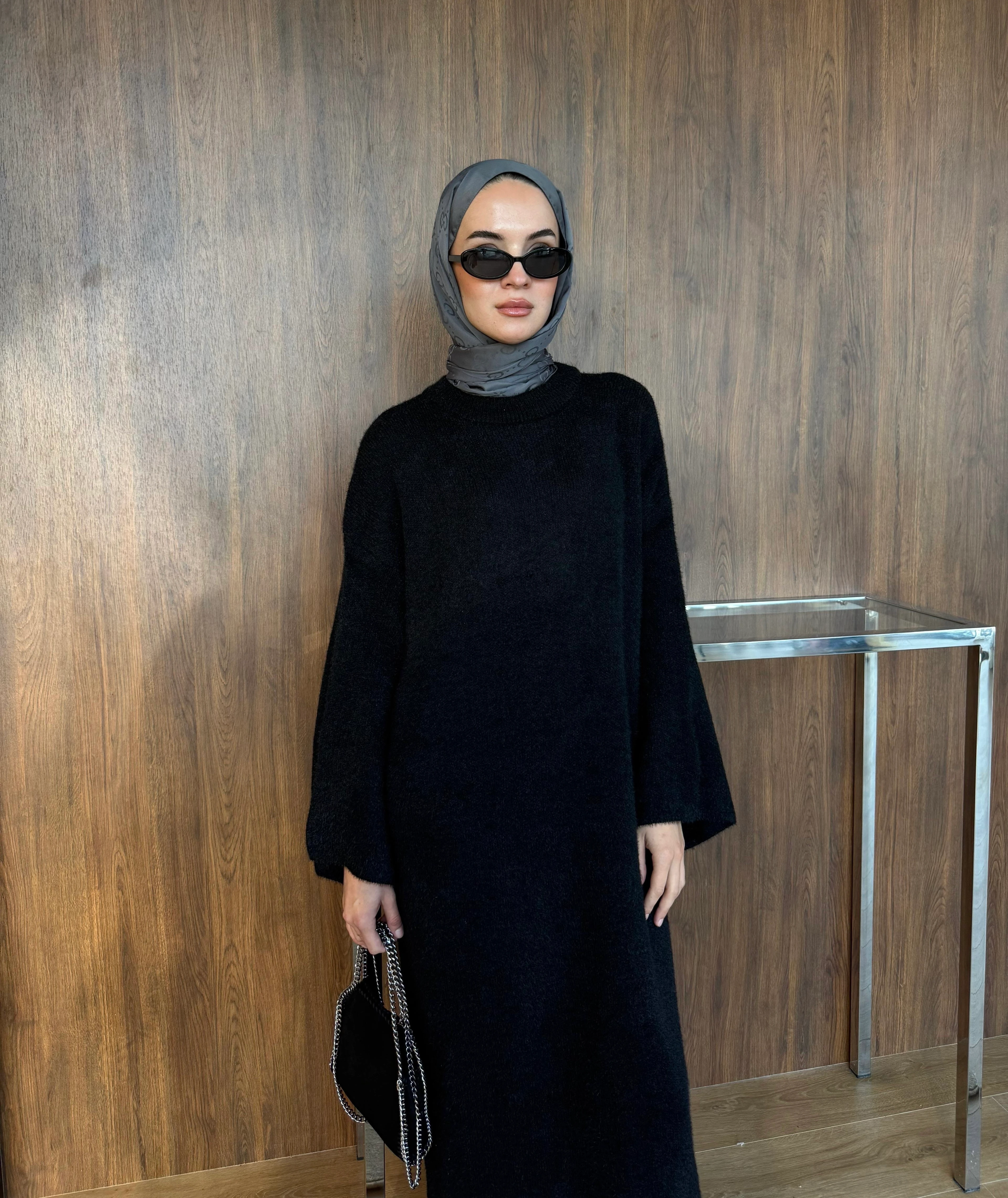 Sakallı Triko Elbise Siyah 