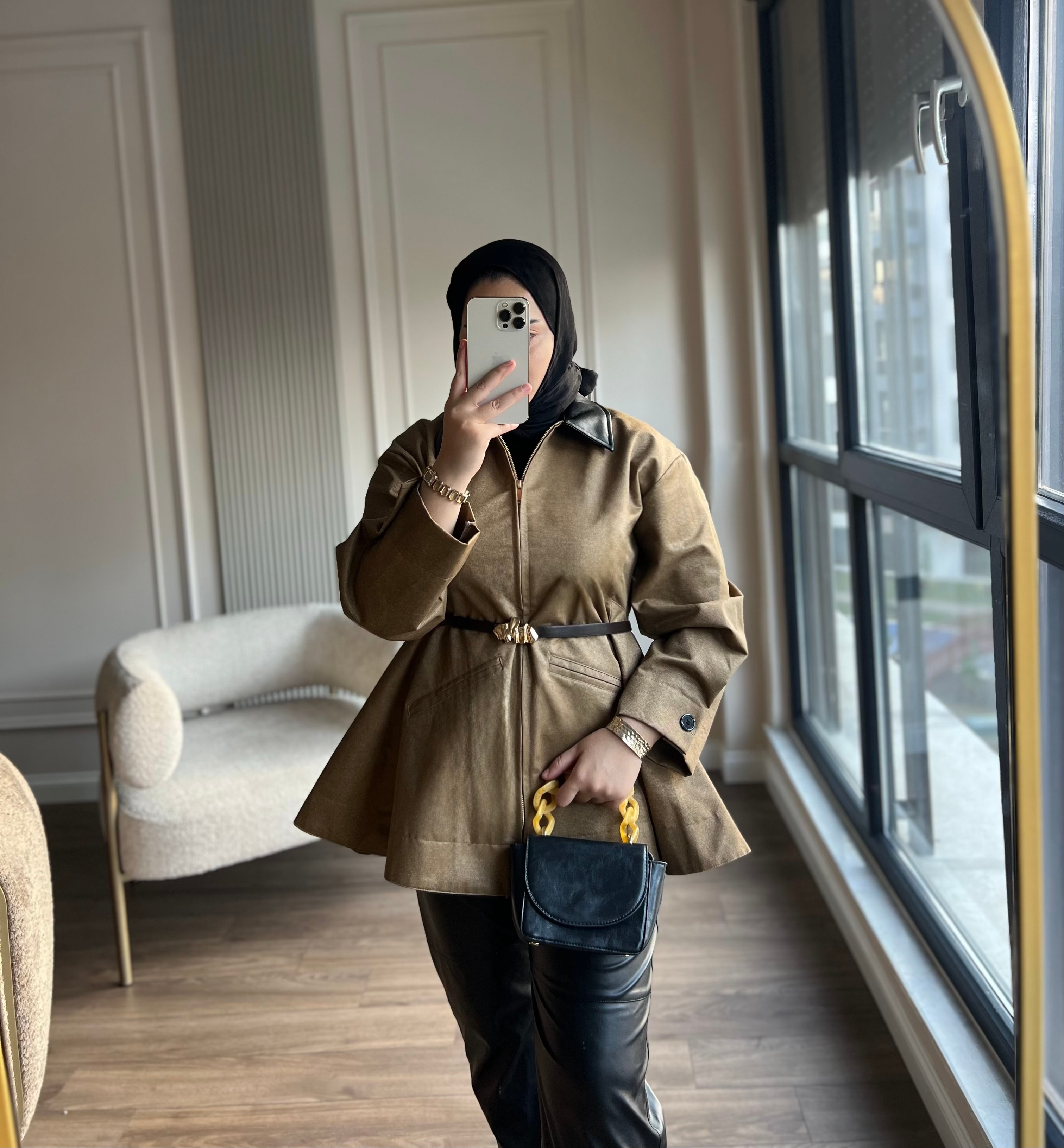 Belden Oturtmalı  Fermuarlı Trenç Camel