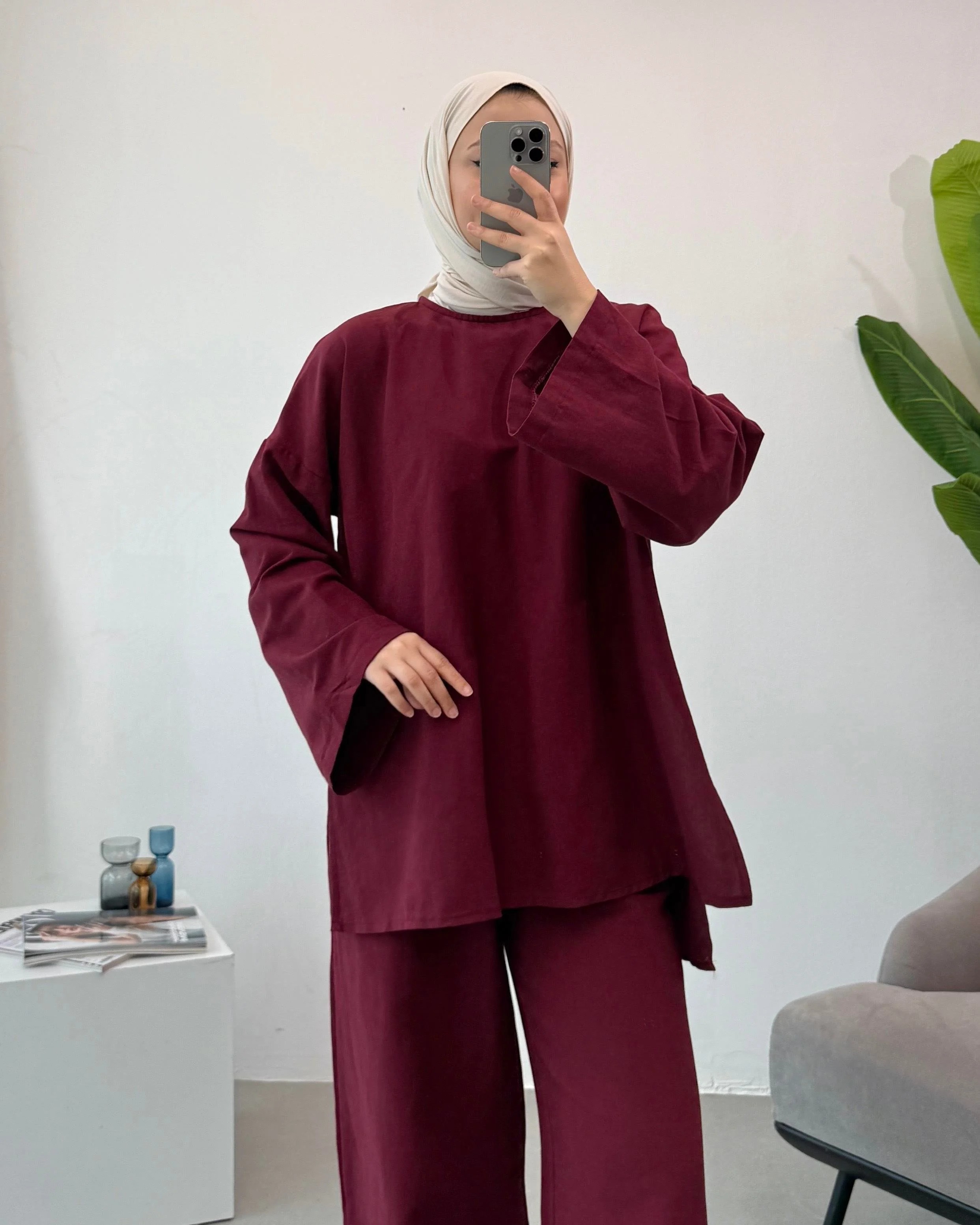 Keten Pantolonlu Takım - Bordo