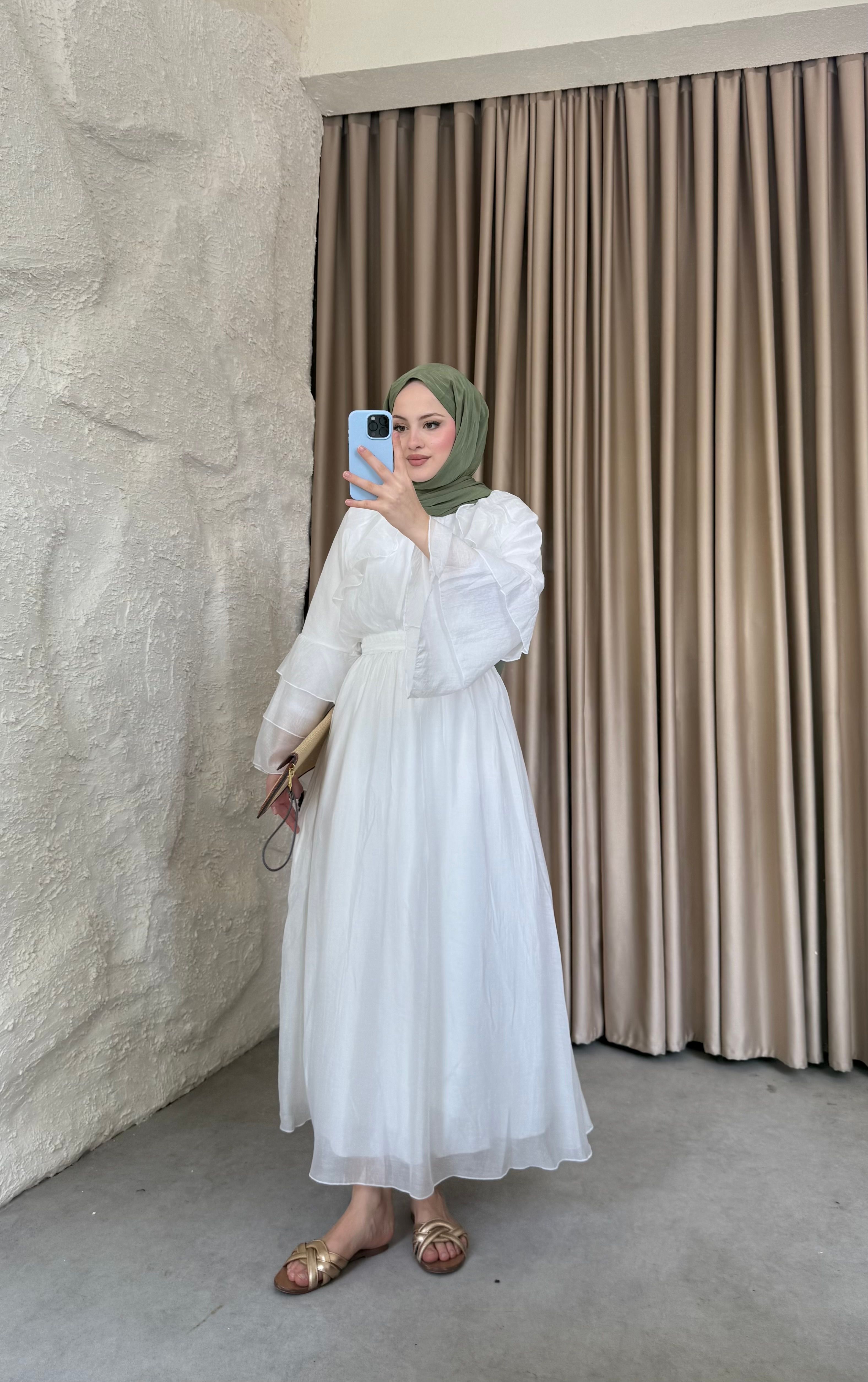 Kolları Volanlı Modal Tül Elbise Beyaz 
