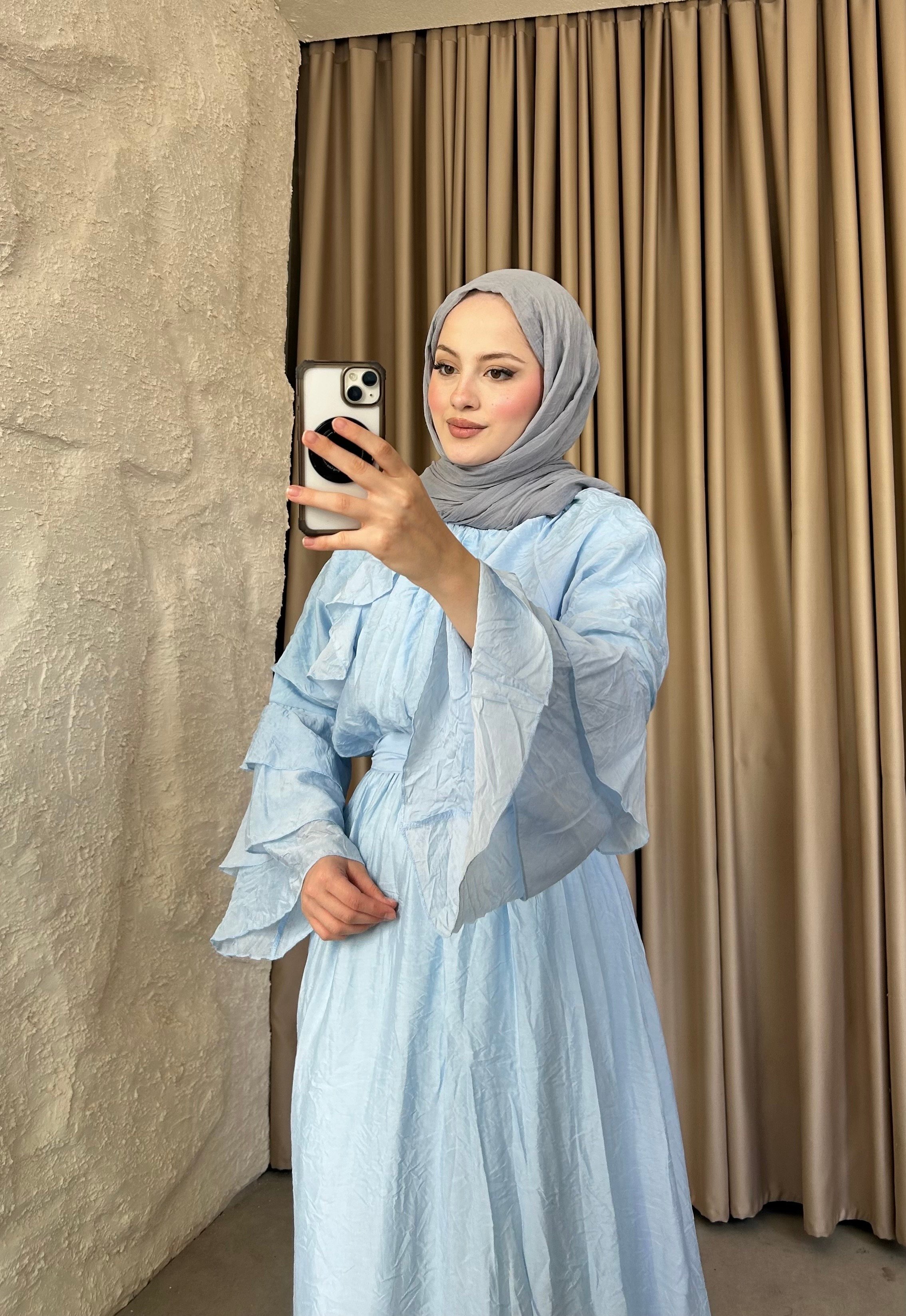 Kolları Volanlı Tül Modal Elbise Bebe Mavisi 