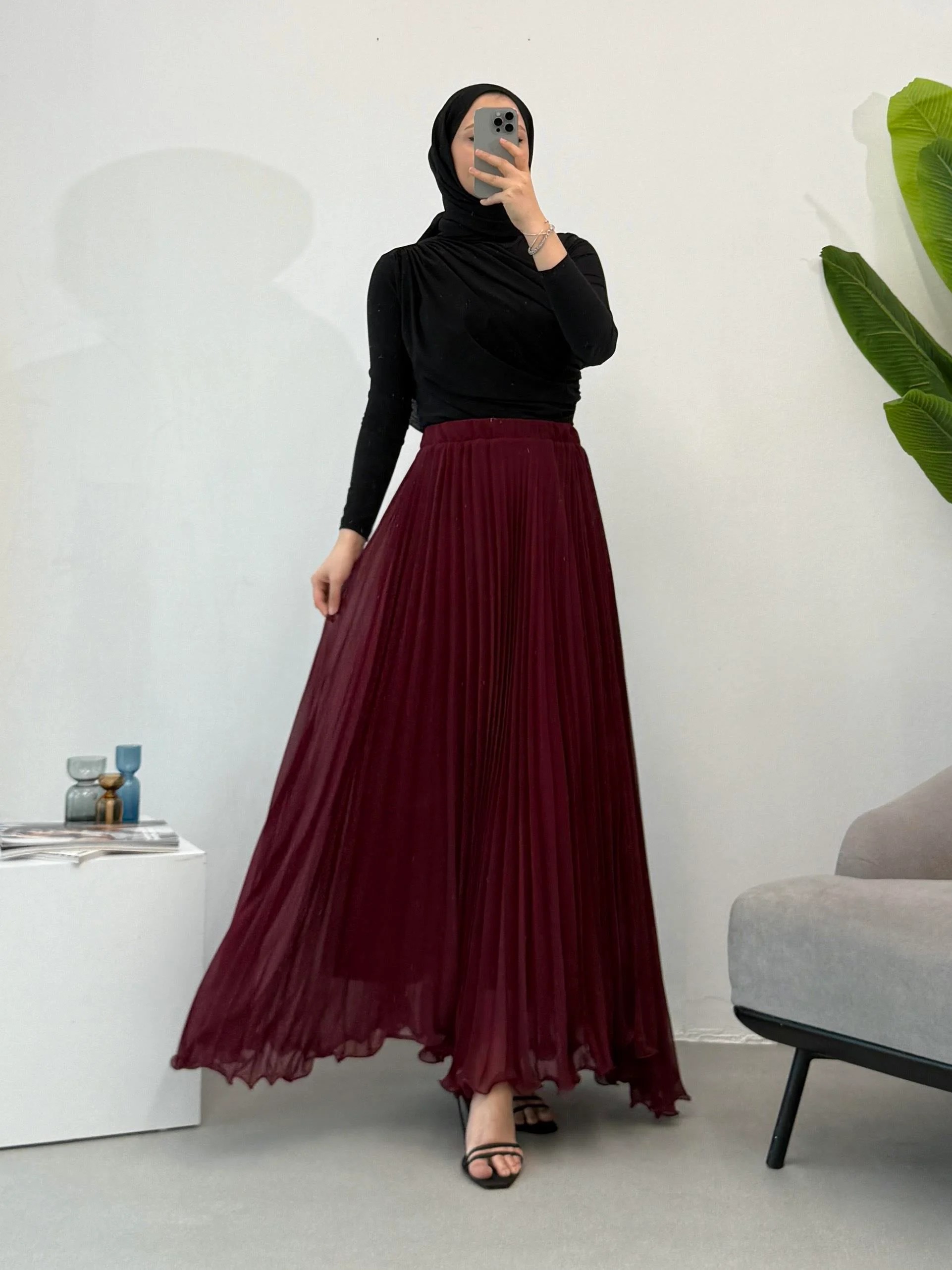 Hm Model Şifon Piliseli Etek - Bordo