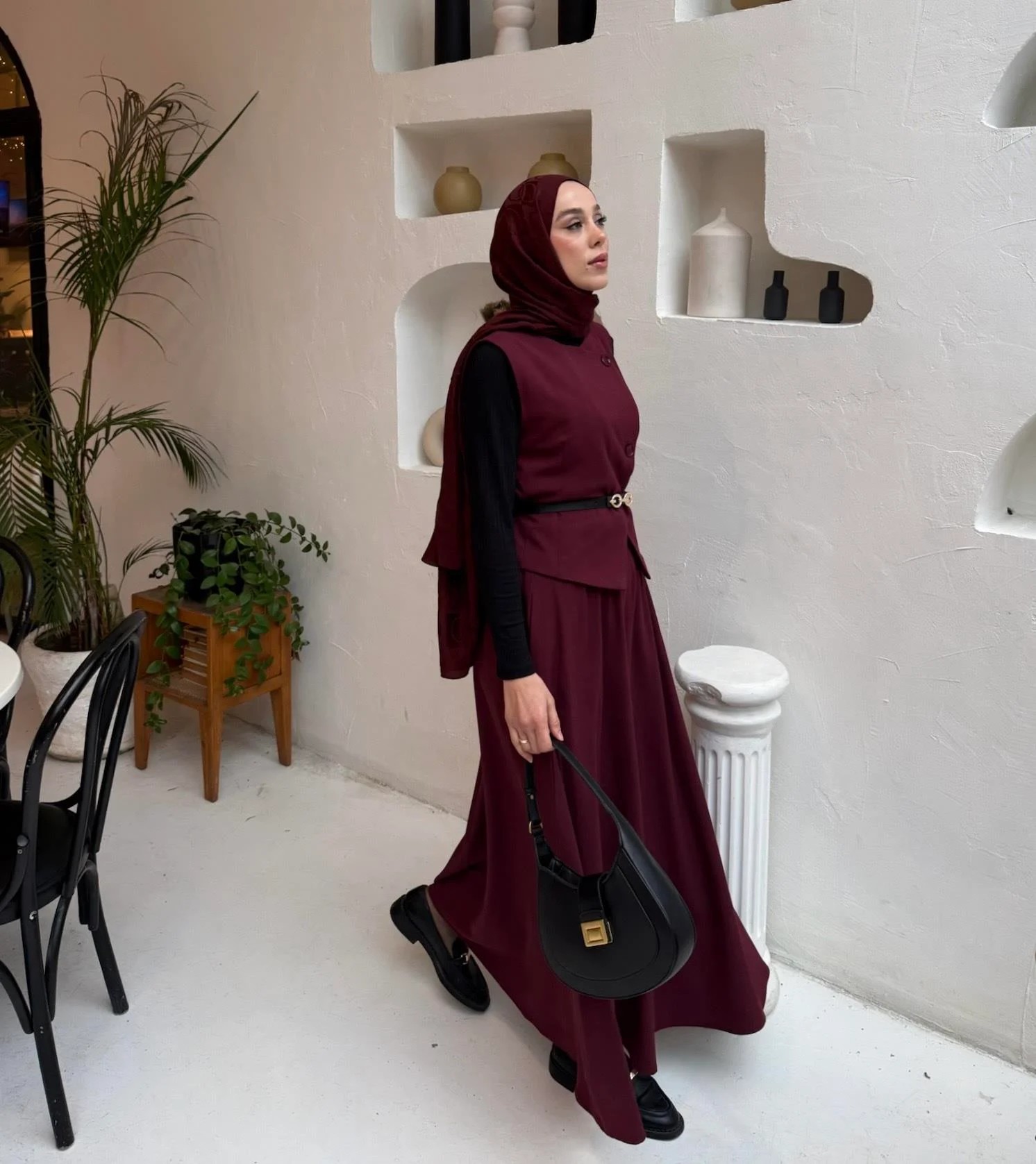 Çapraz Kesim Kemerli Yelekli Takım - Bordo