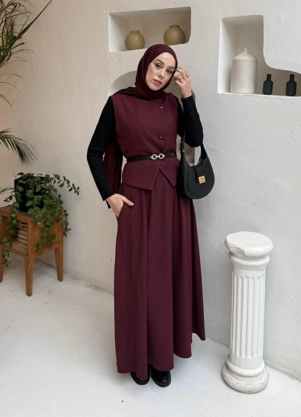Çapraz Kesim Kemerli Yelekli Takım - Bordo