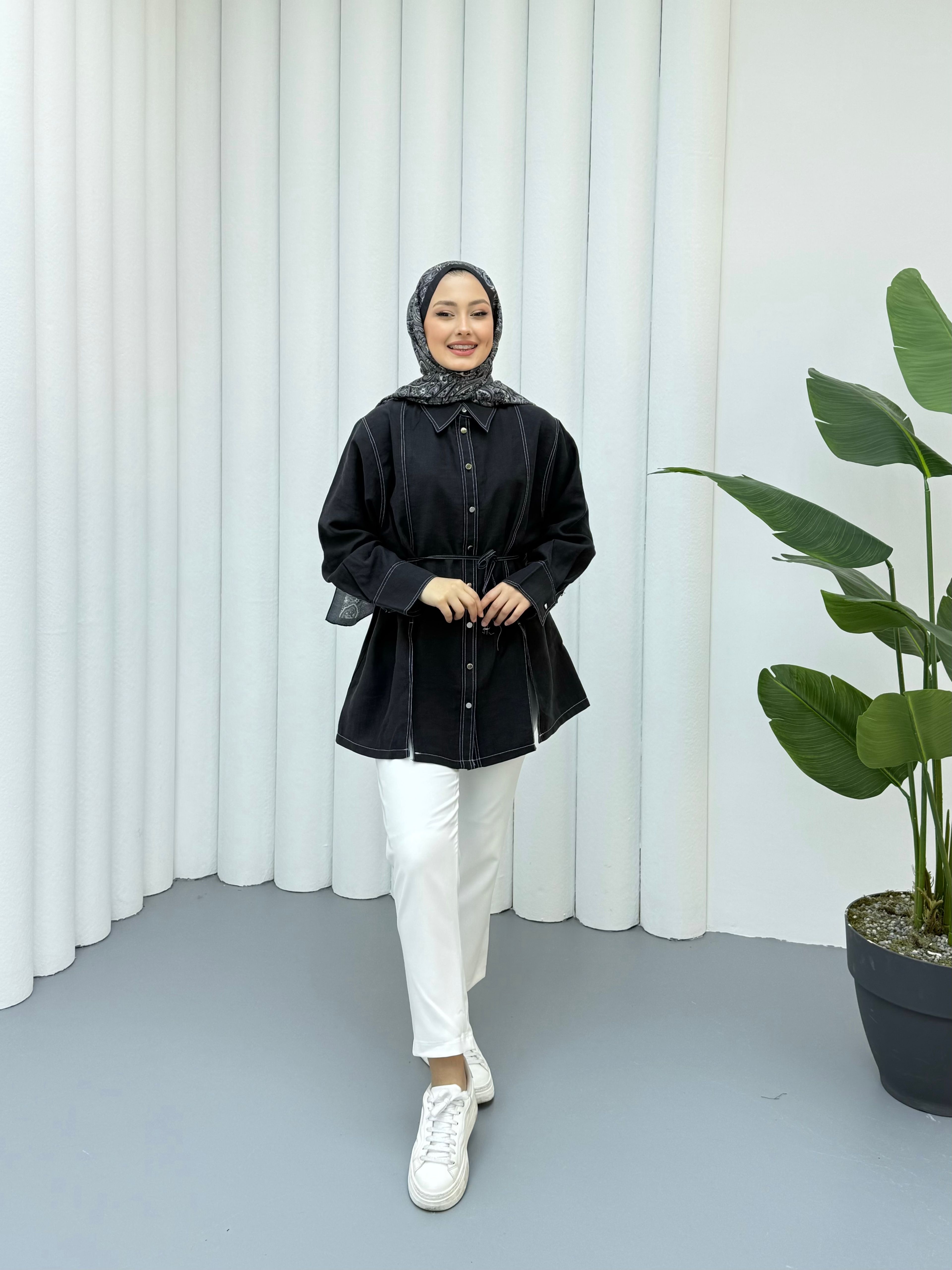 Gardenya Çift Dikiş Detaylı Gömlek - Siyah
