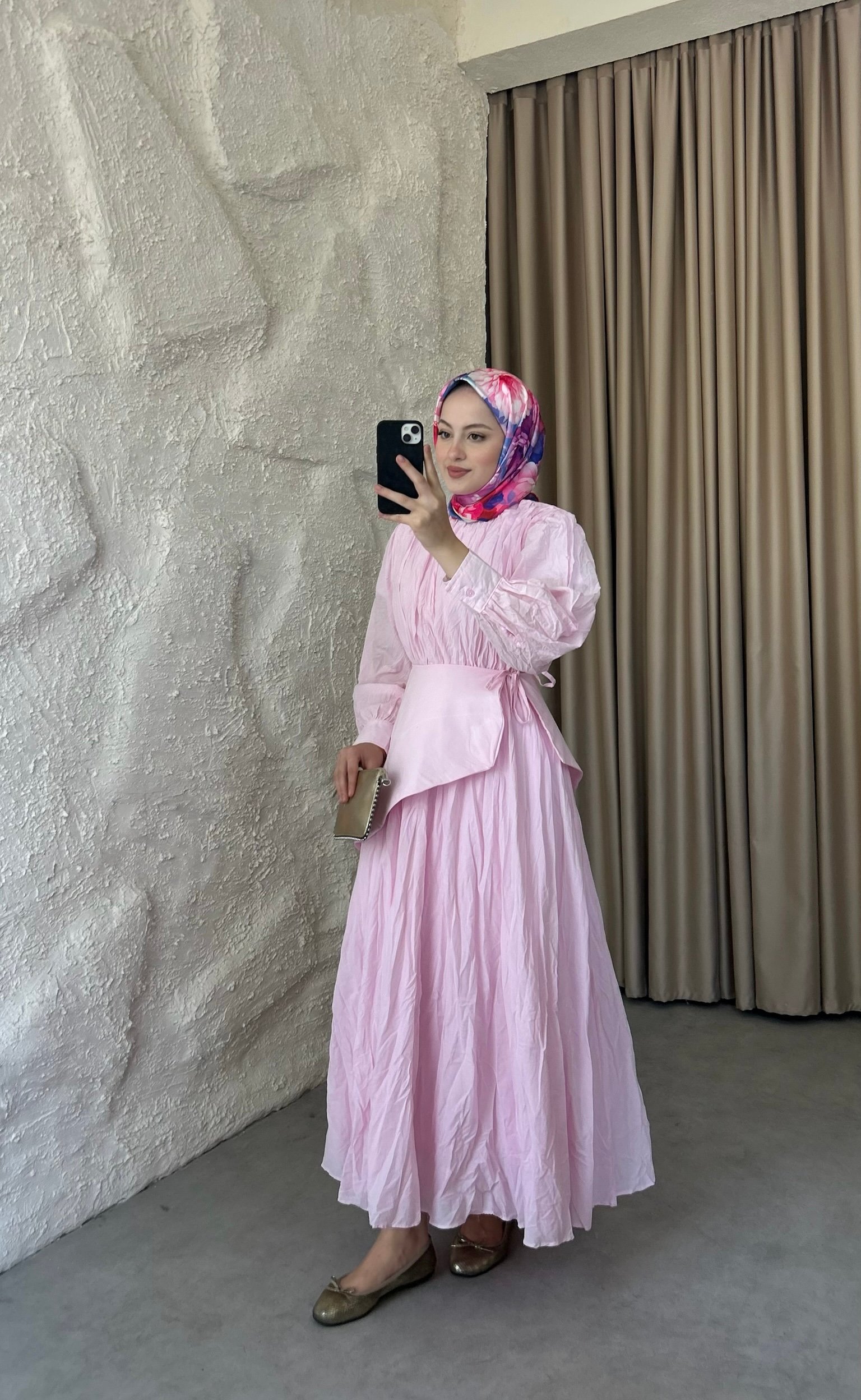 Bel Fularlı Vual Elbise - Pembe