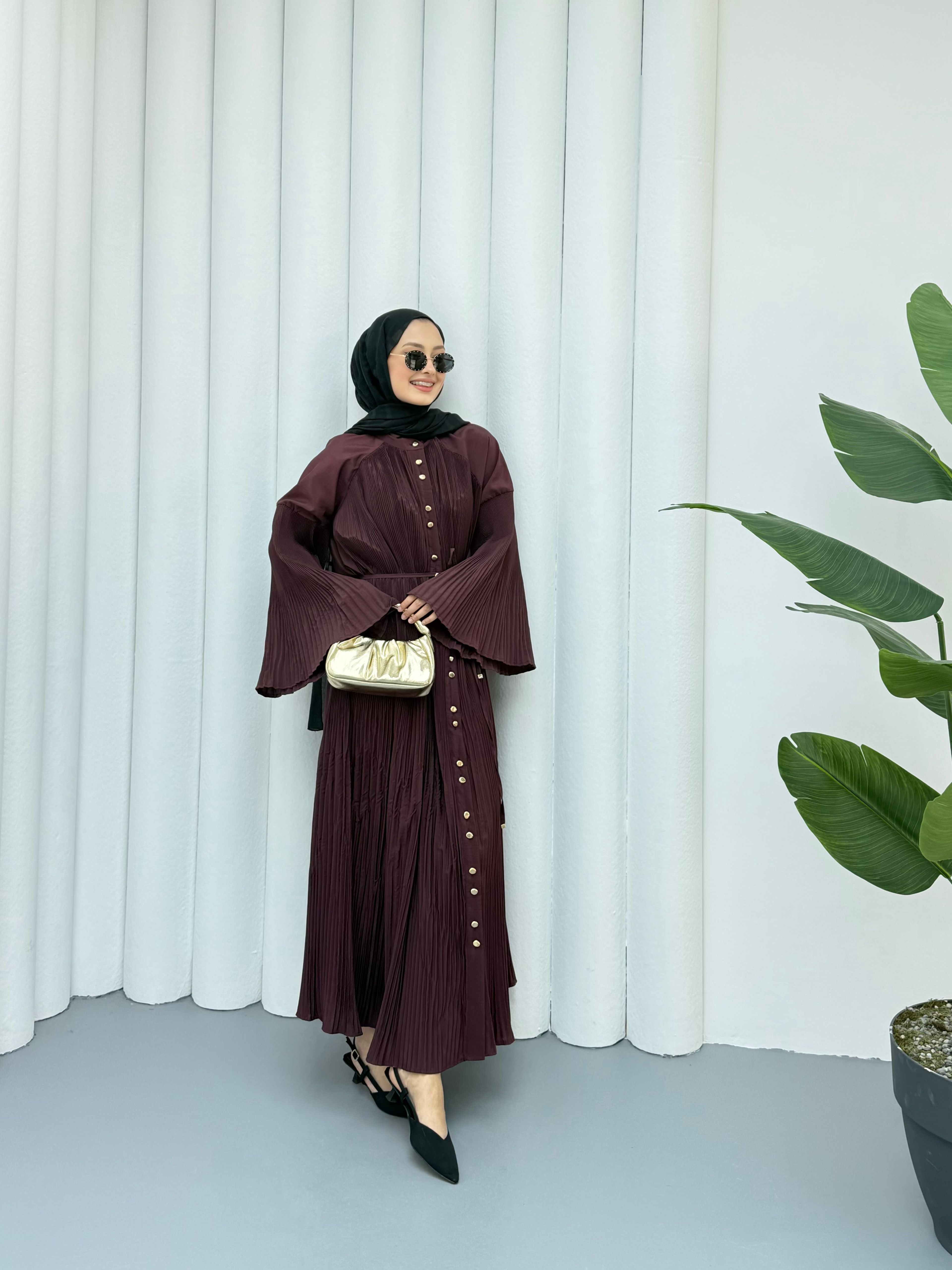 Dik Piliseli Premium Elbise - Bordo
