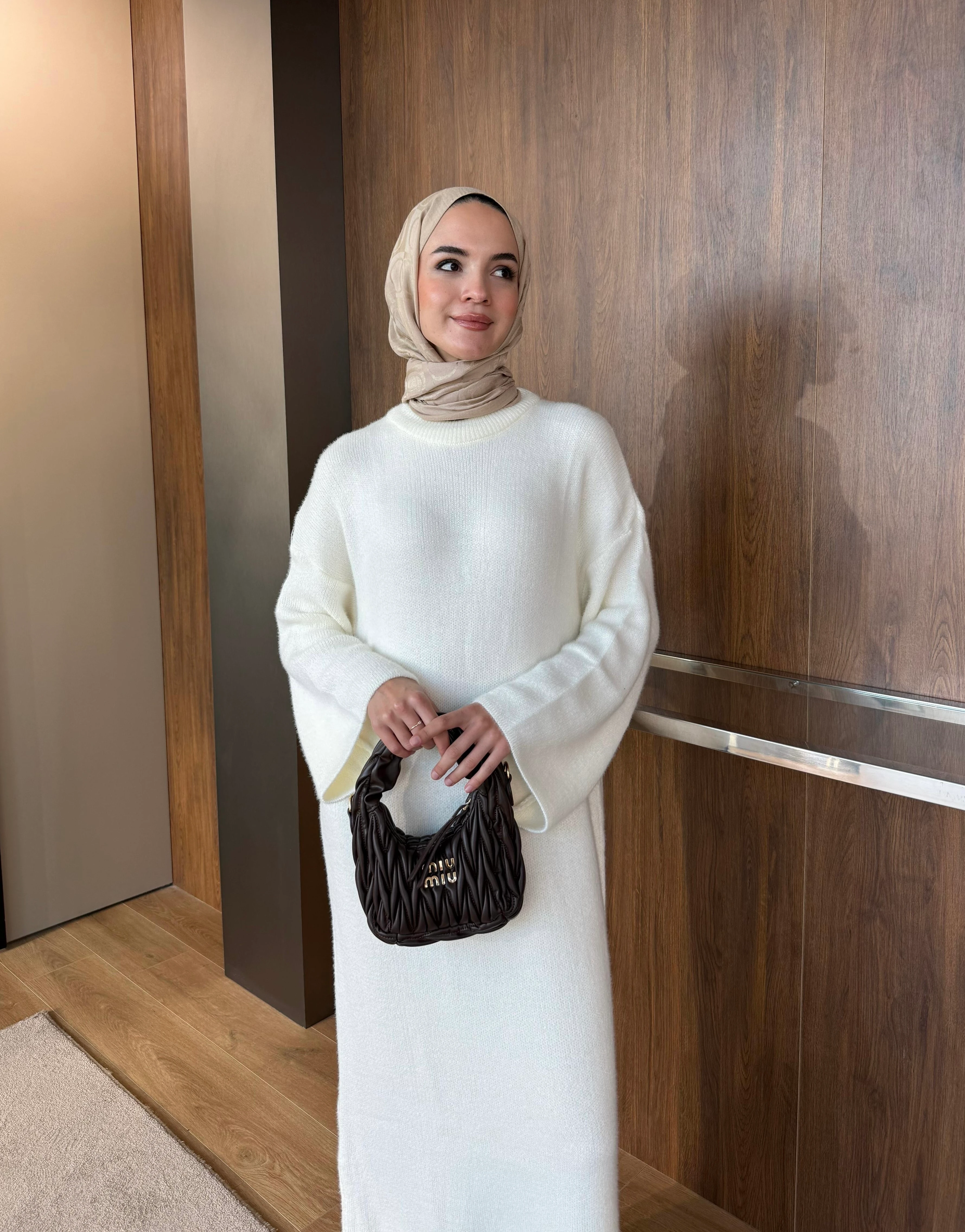 Sakallı Triko Elbise Beyaz 