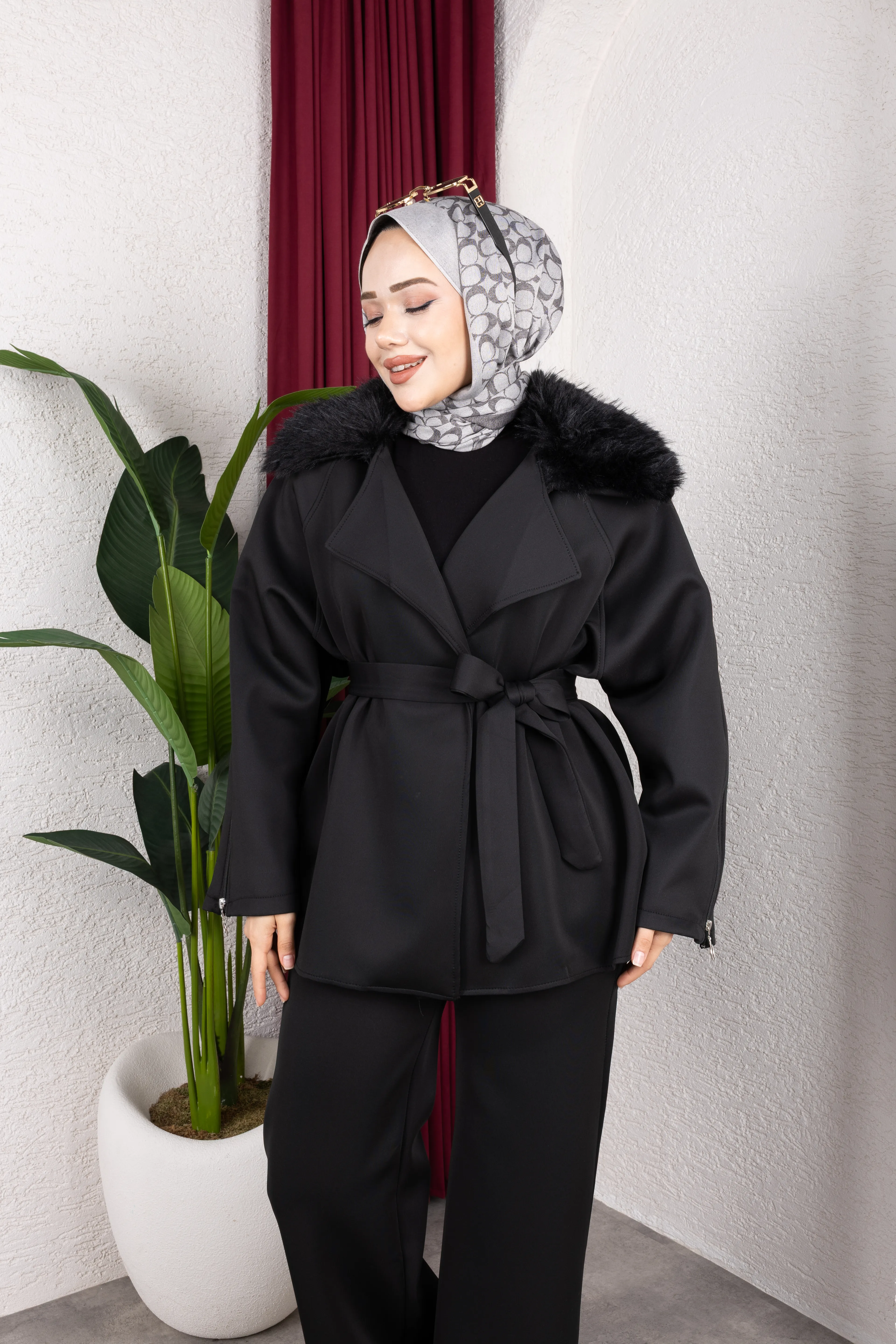 Kürklü Ceket Takım Siyah