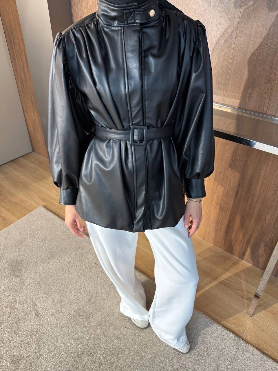 Deri Kemerli Ceket Siyah 