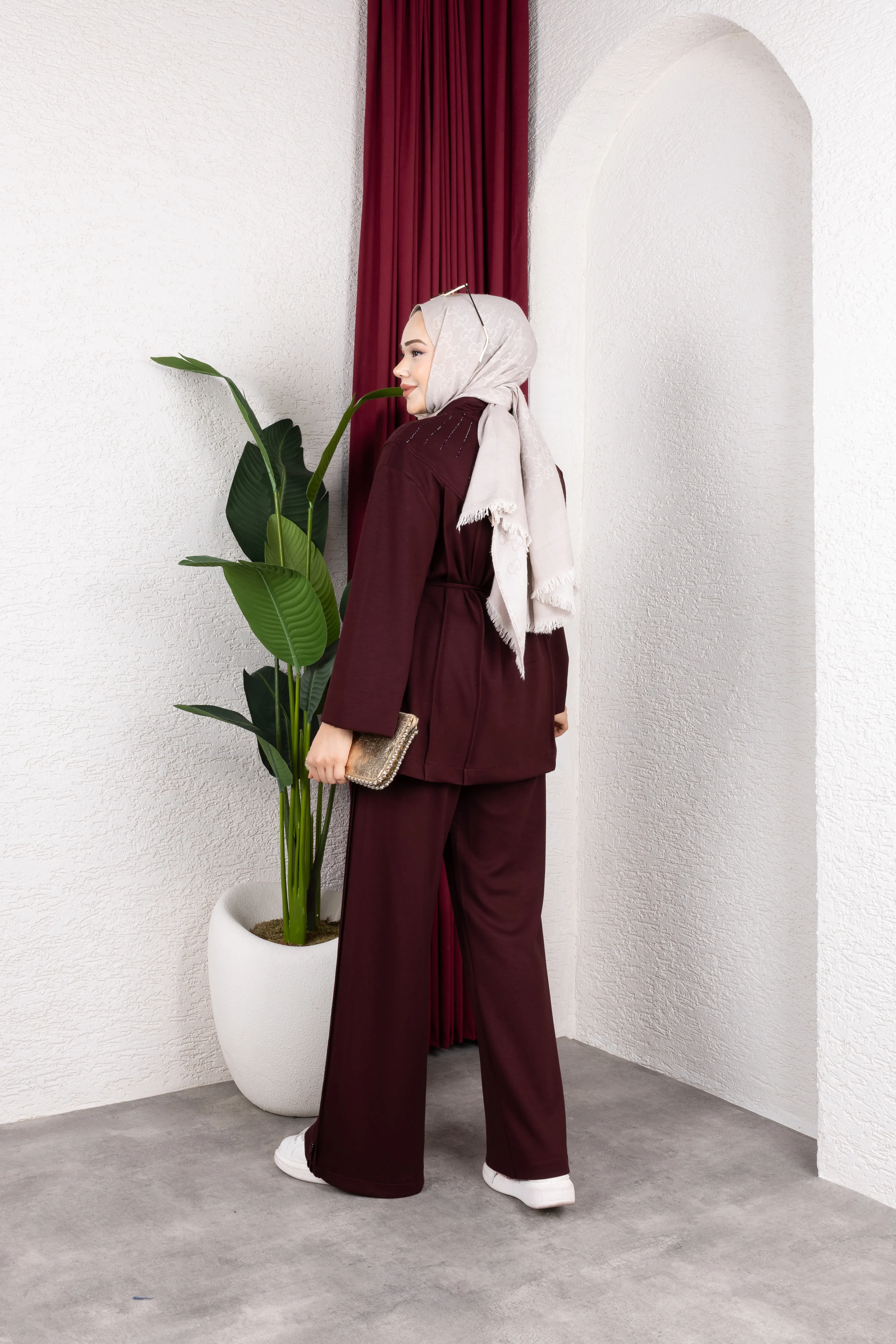 Alena Taşlı Takım Bordo