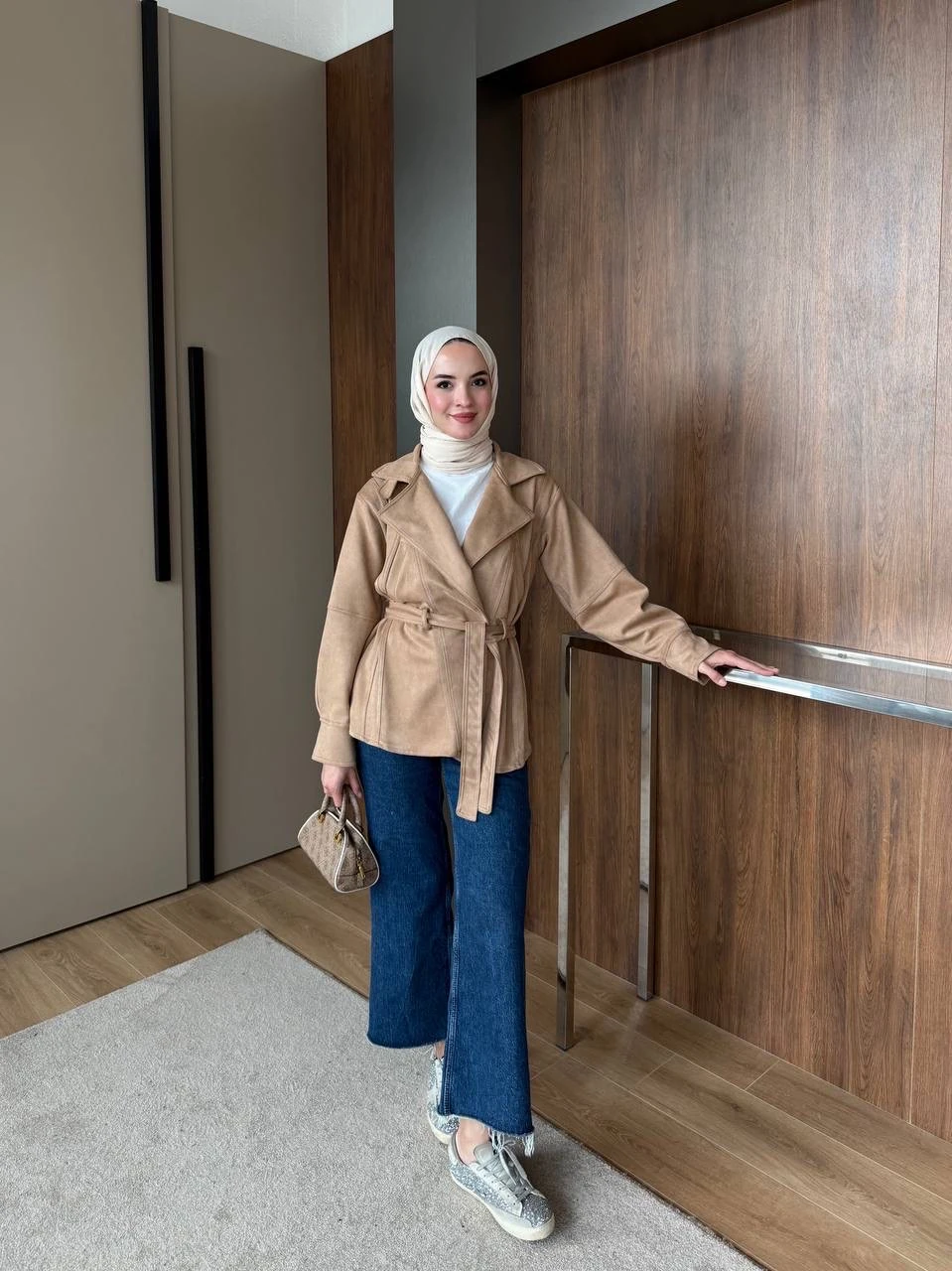 Süet Uzun Trench Taba