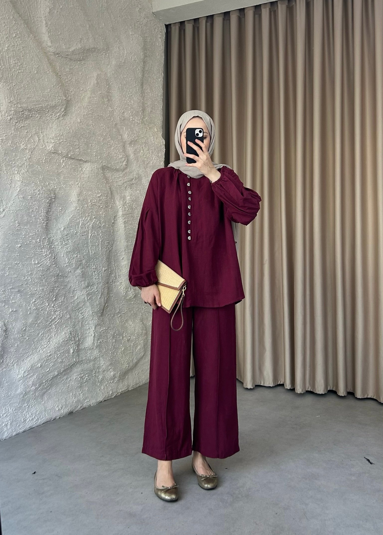 Önden Düğmeli Keten Pantolonlu Takım  - Bordo