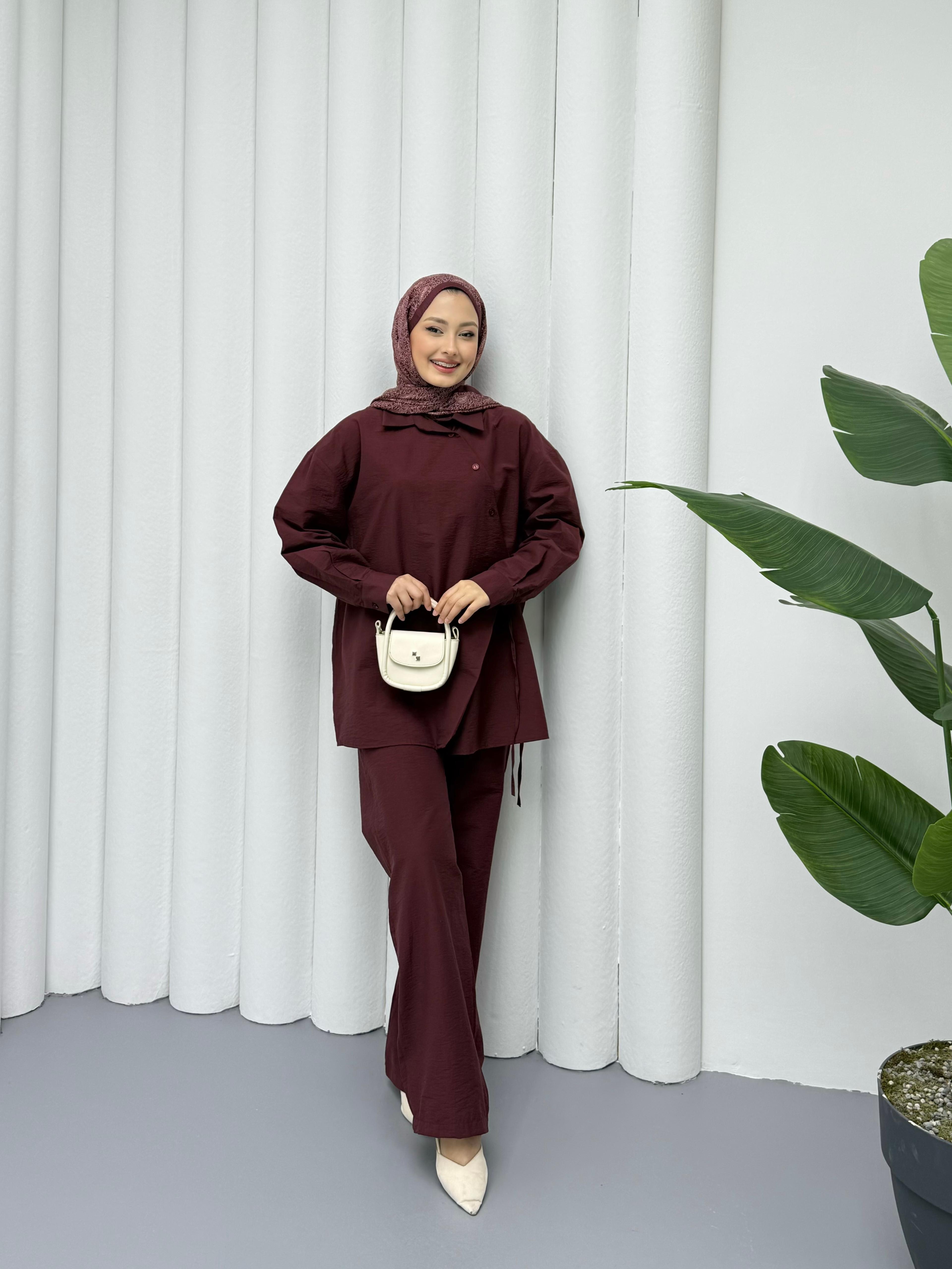 Yandan Düğmeli Modal Takım - Bordo