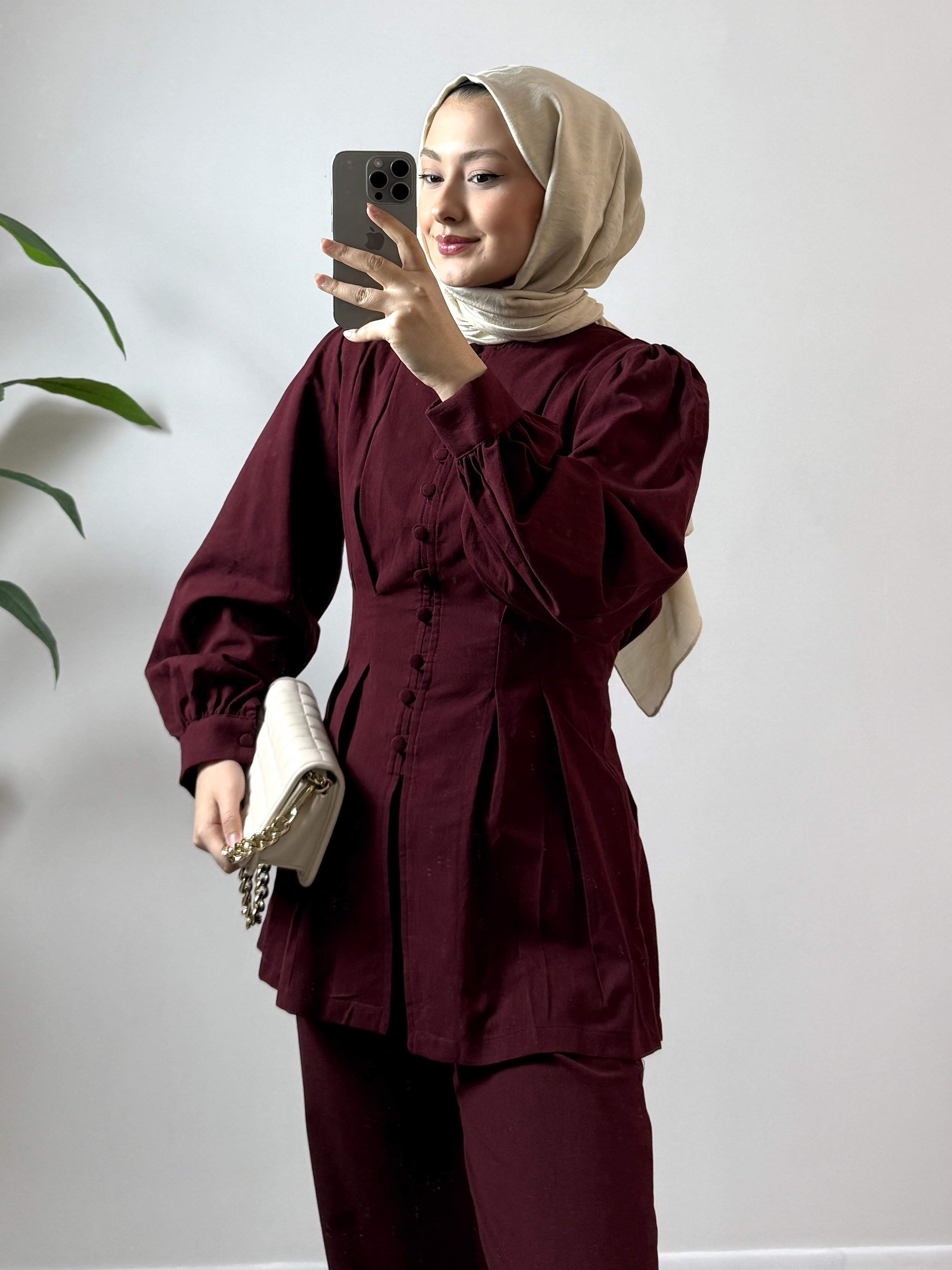 Sıra Düğmeli Tunikli Takım - Bordo