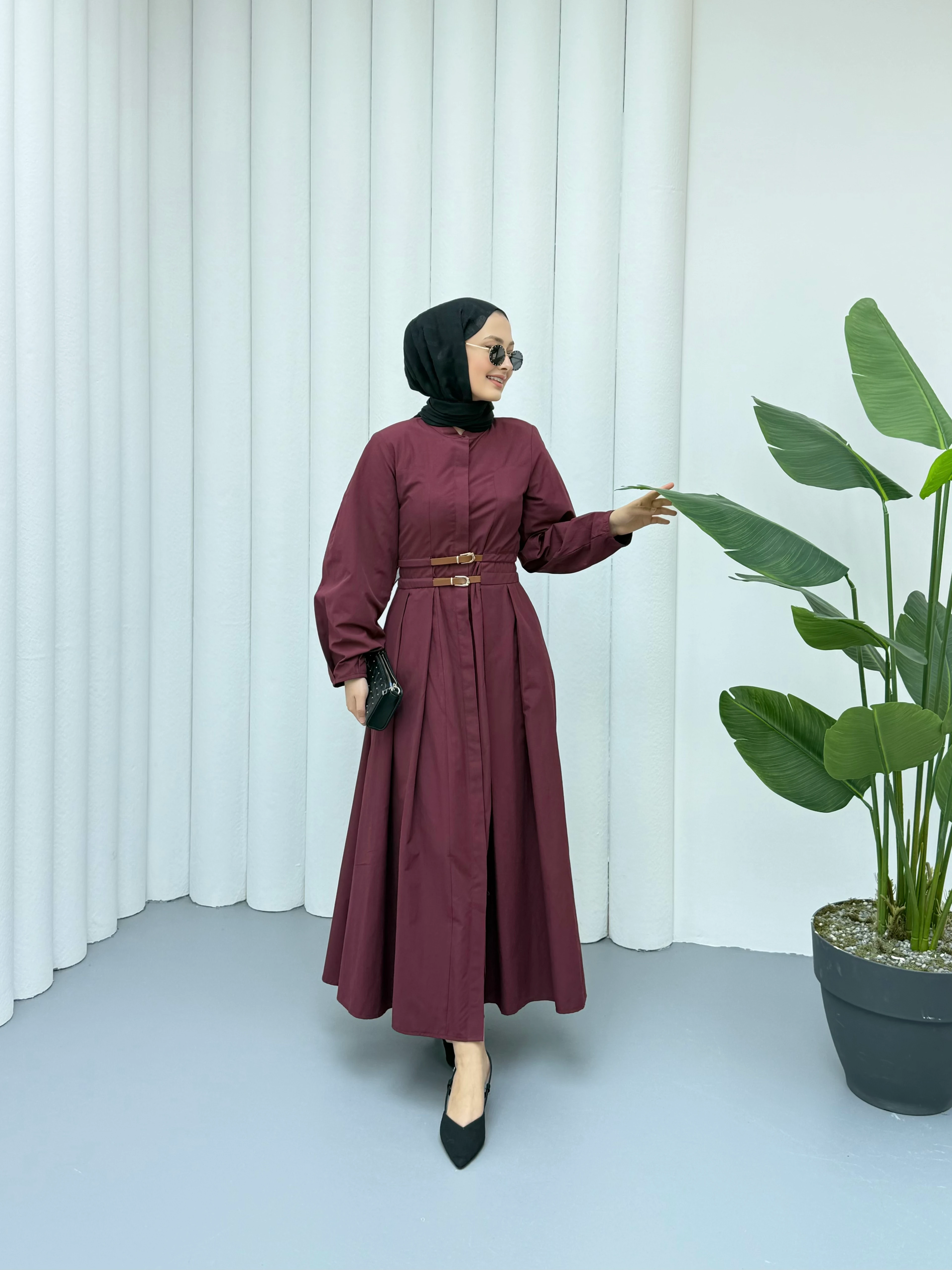 Kemerli Premıum Elbise - Bordo