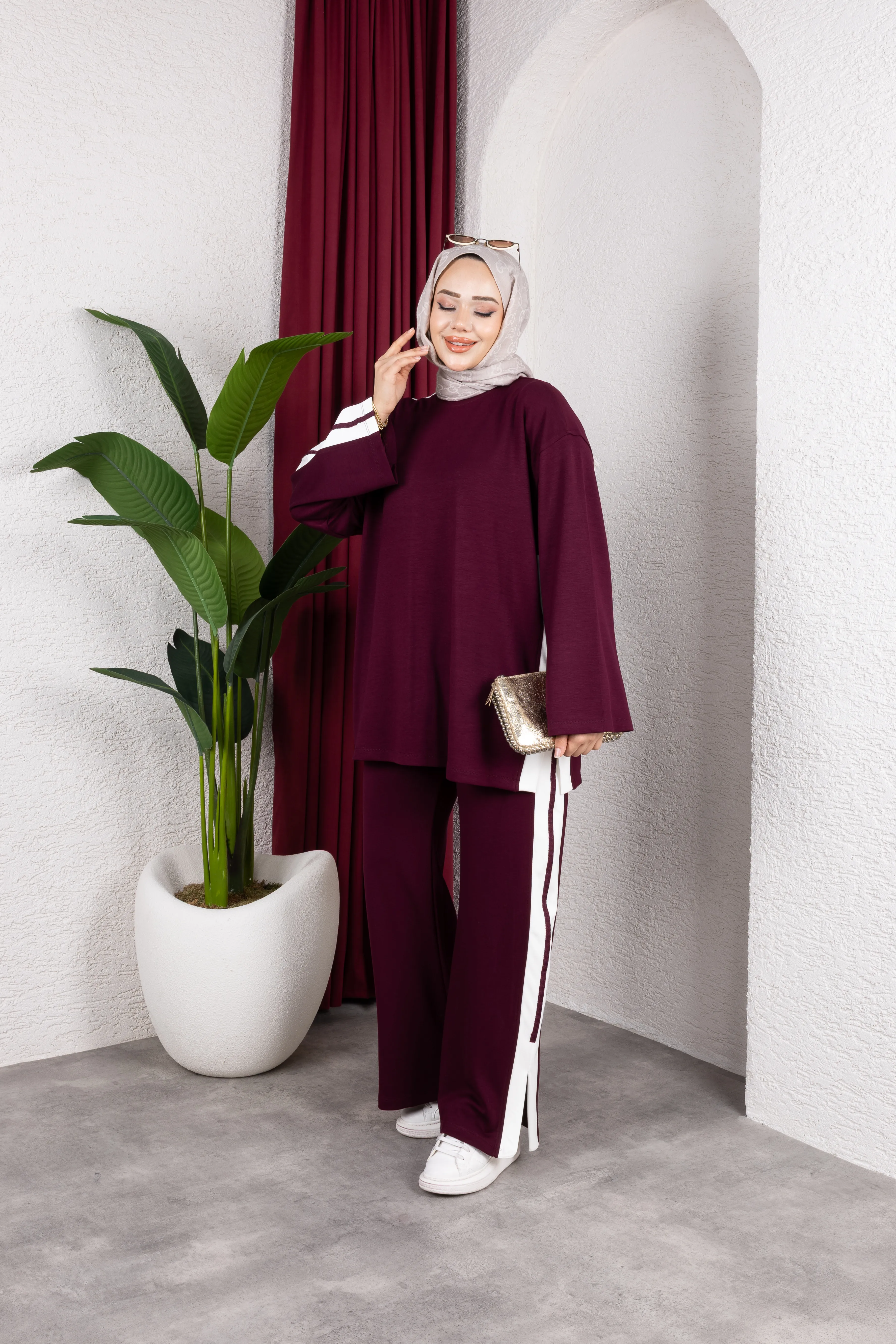 Aja Şerit Detaylı Takım Bordo 