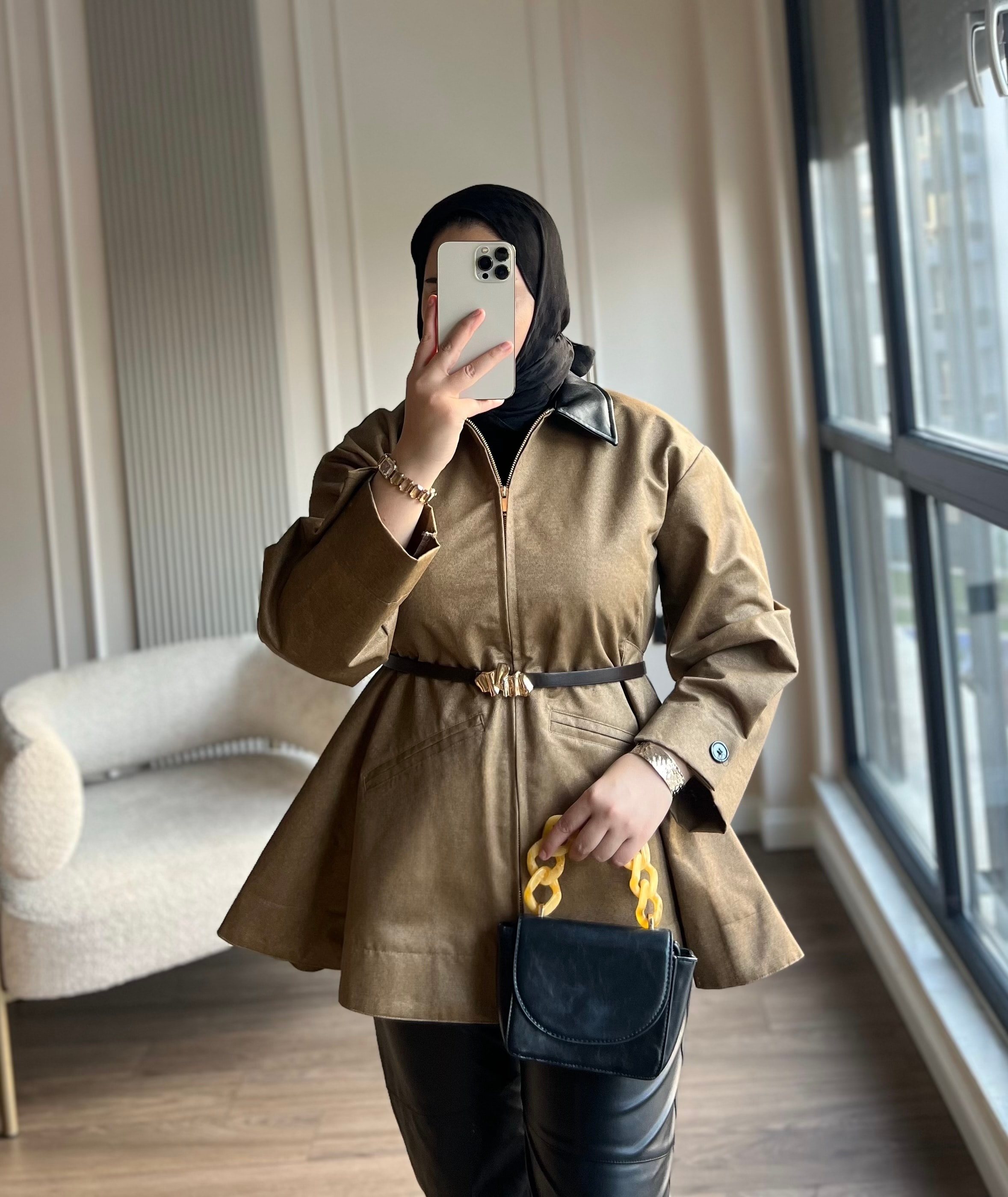 Belden Oturtmalı  Fermuarlı Trenç Camel