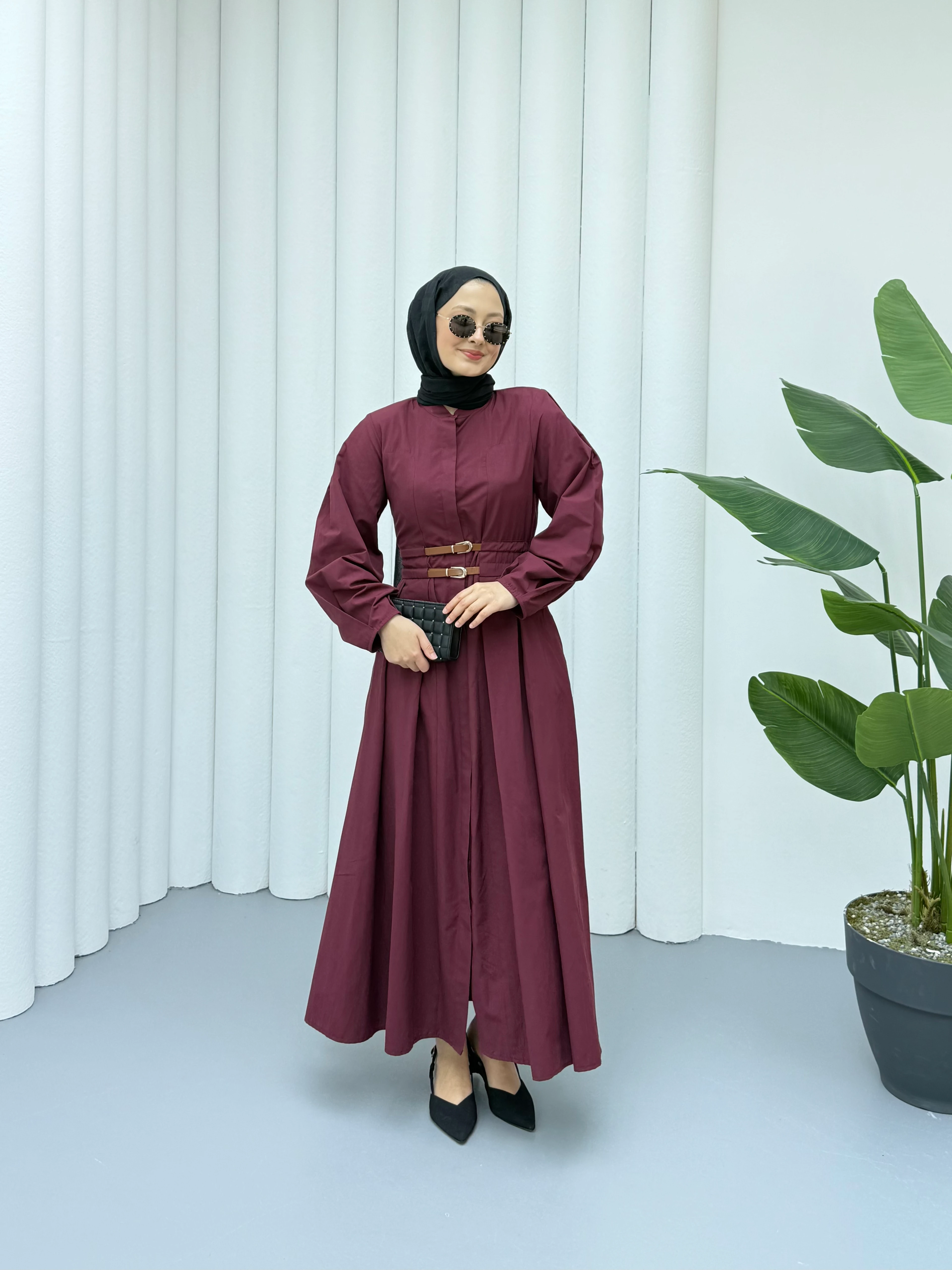 Kemerli Premıum Elbise - Bordo