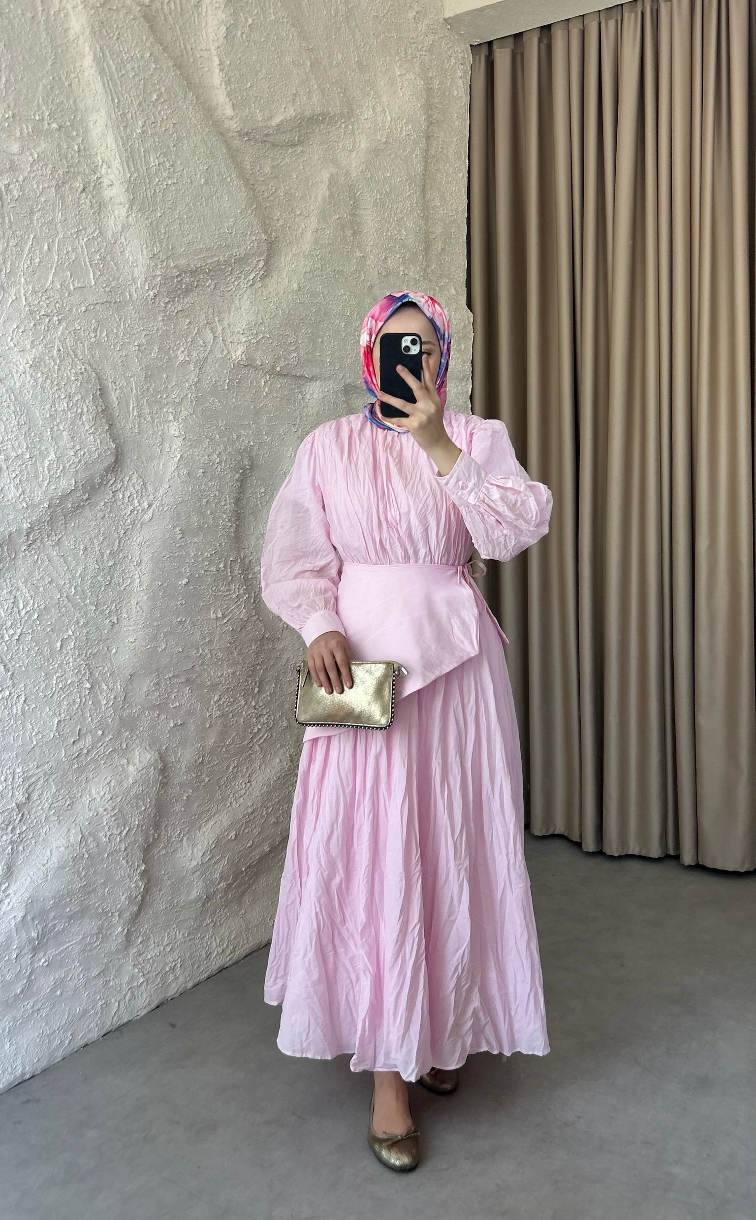 Bel Fularlı Vual Elbise - Pembe