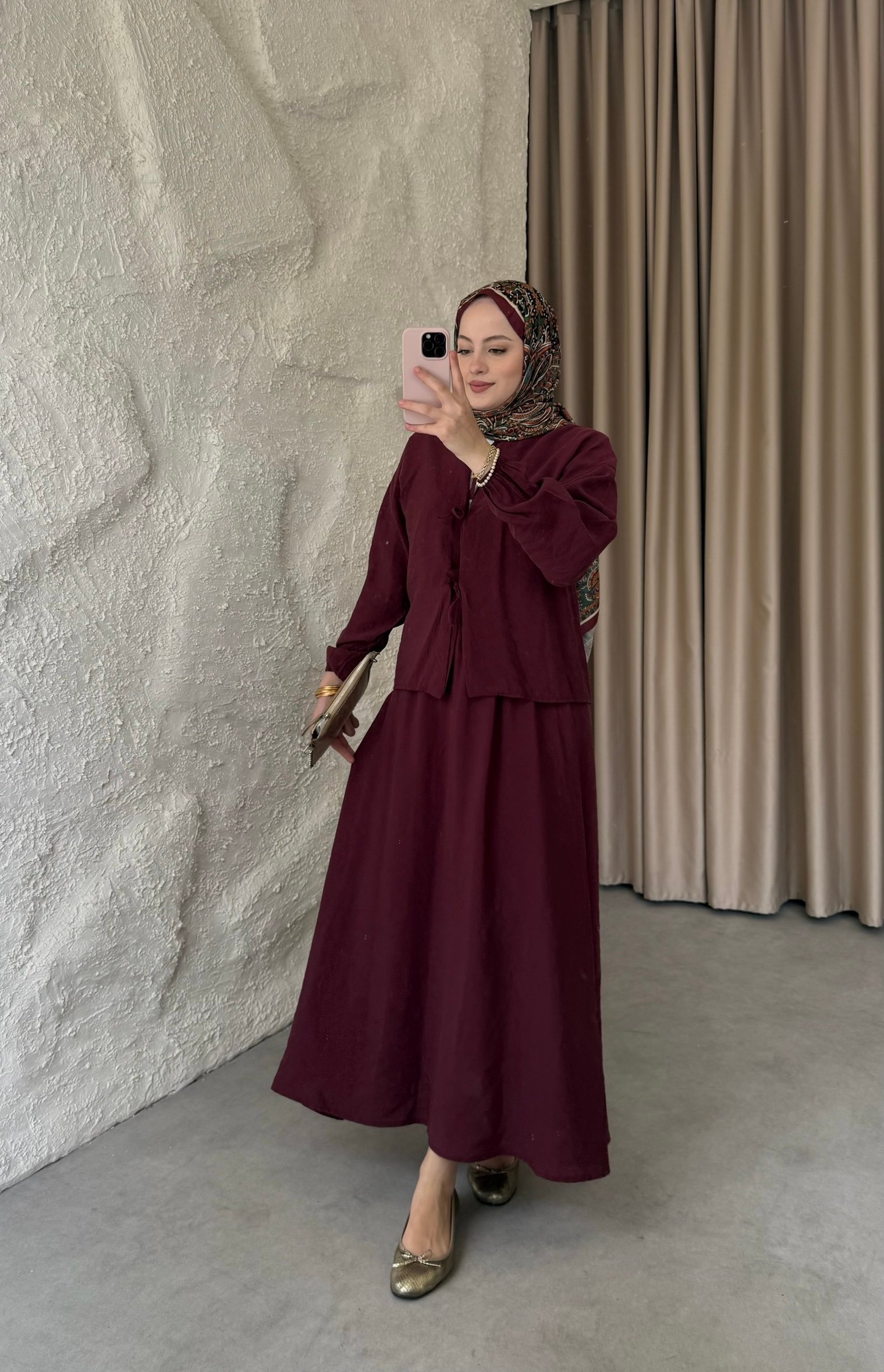 Önden Bağlamalı Etekli Takım - Bordo