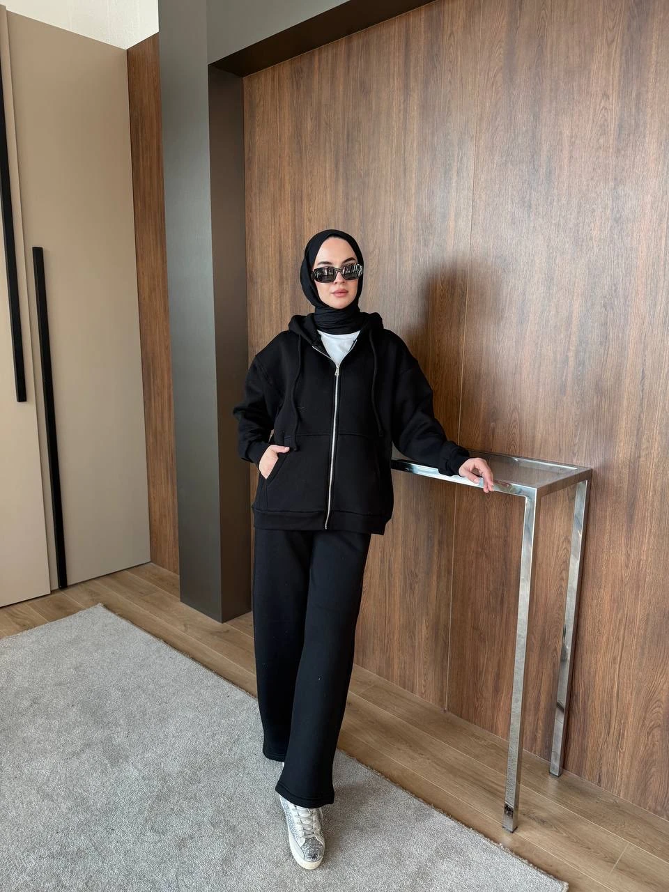 Üç İplik Fermuarlı Pantolon Takım Siyah 