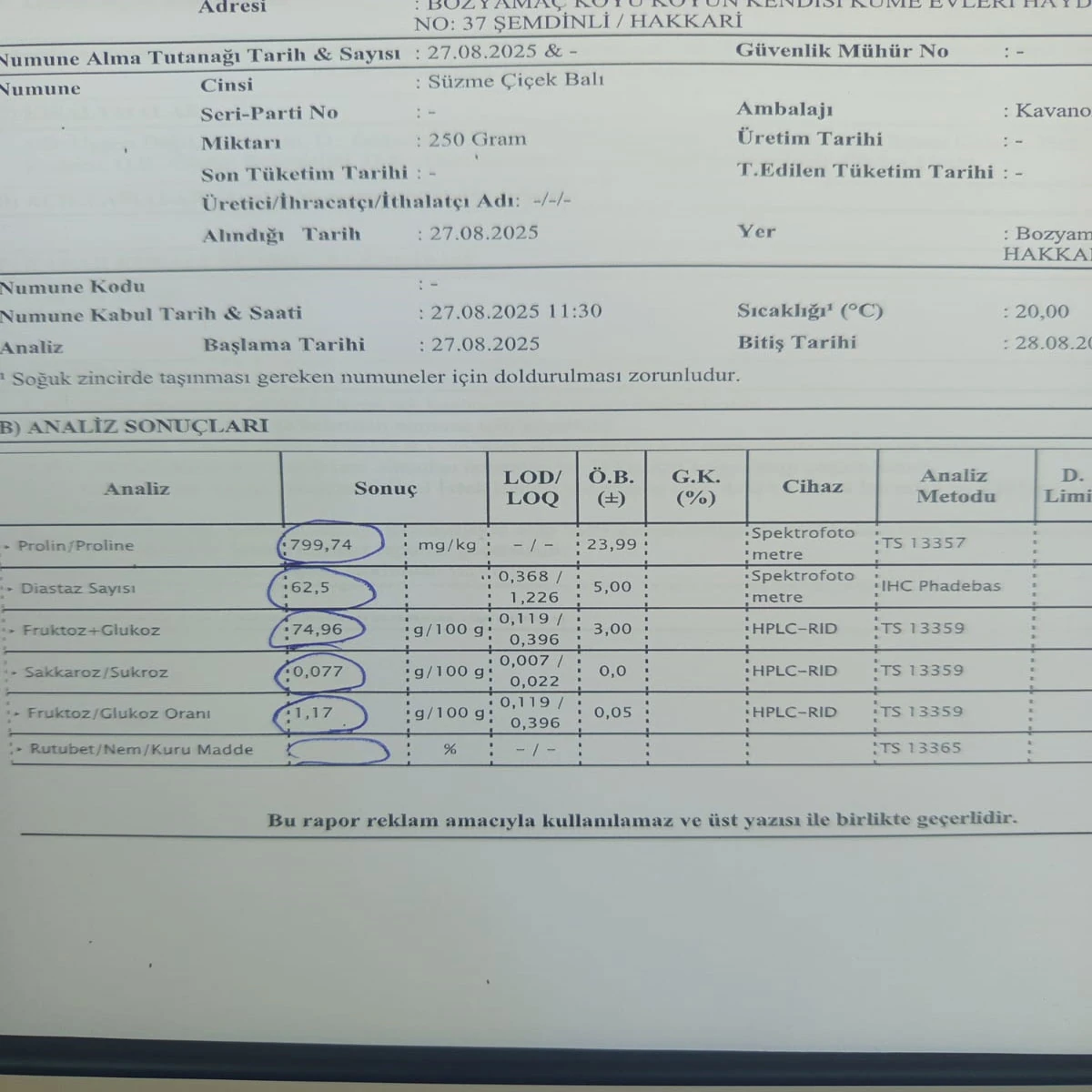 Yüksek Kaliteli Şemdinli Balı (Analiz Raporlu)