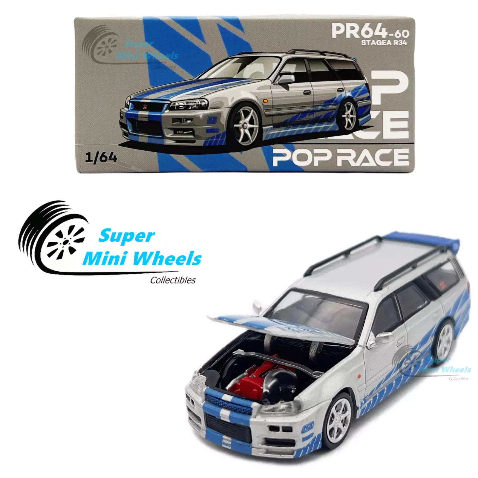 Pop Race 1/64 Nissan Stagea R34 PR64-60 Blue / Silver