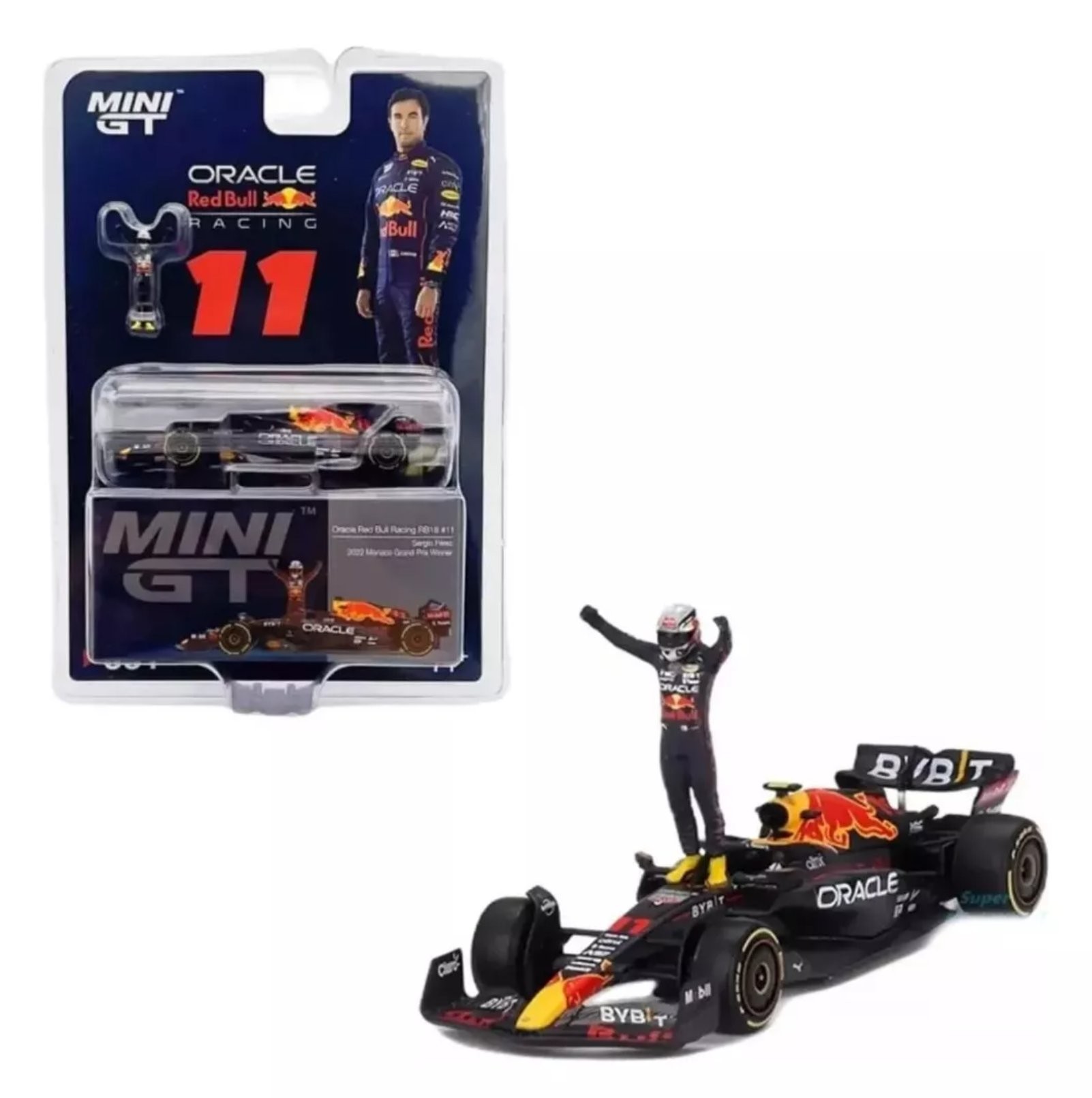 Mini GT Mijo Oracle Red Bull Racing RB18 #11 Sergio Perez 2022 Monaco Grand Prix Winner with Figure