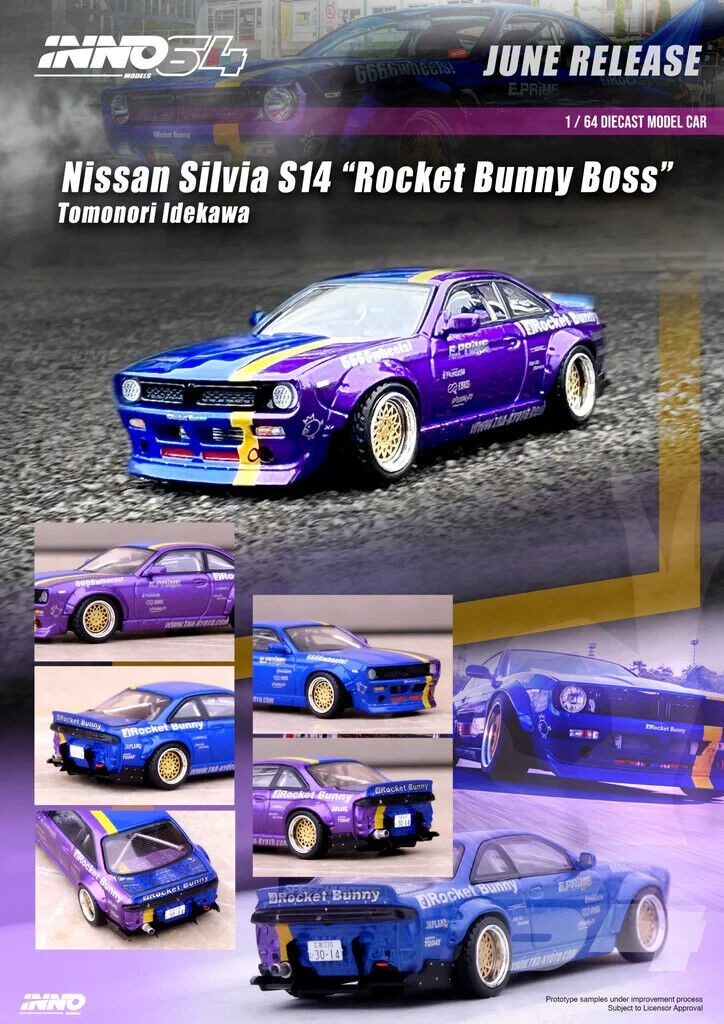 INNO64 1:64 Nissan Silvia (S14) “Rocket Bunny Boss" Tomonori Idekawa (Purple/Blue)