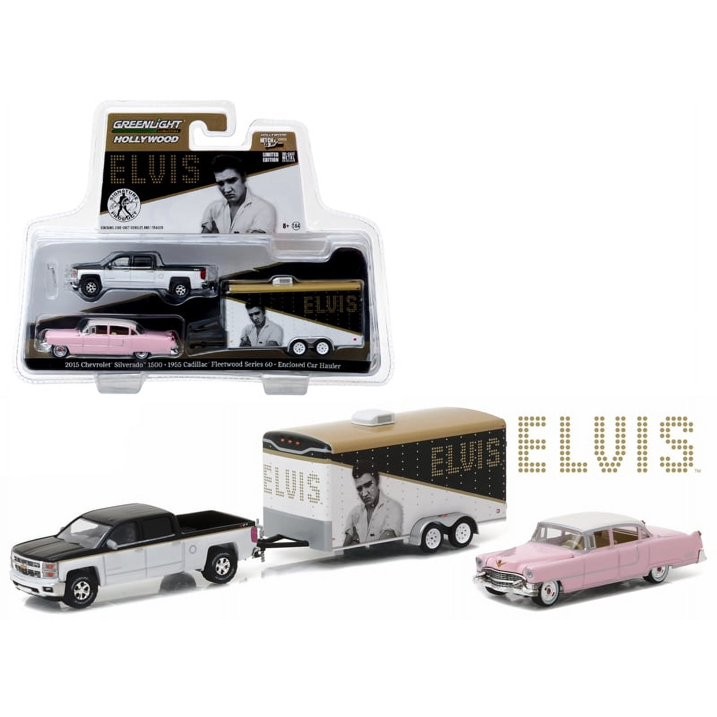 Greenlight Collectibles Elvis Presley 1955 Pink Cadillac and Trailer Set w/ 2015 Chevy Silverado