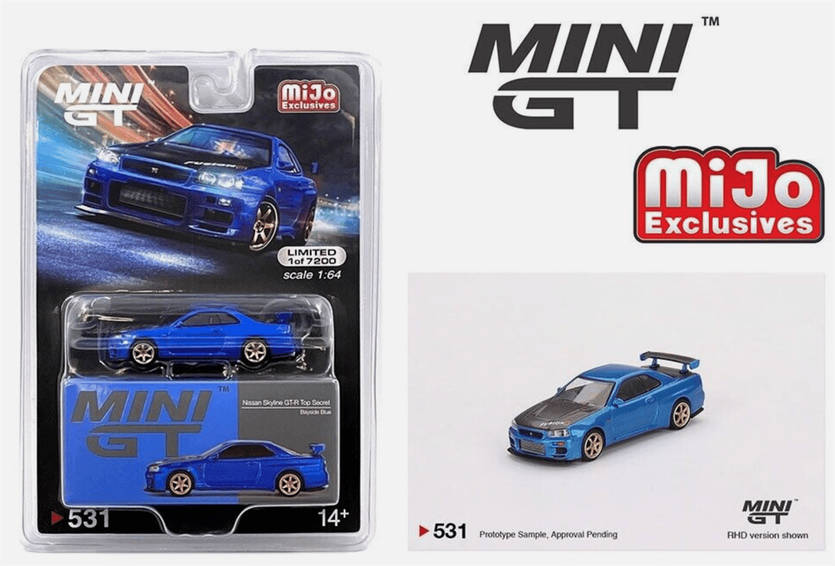 Mini GT Mijo Nissan Skyline GT-R R34 Top Secret Bayside Blue Rhd