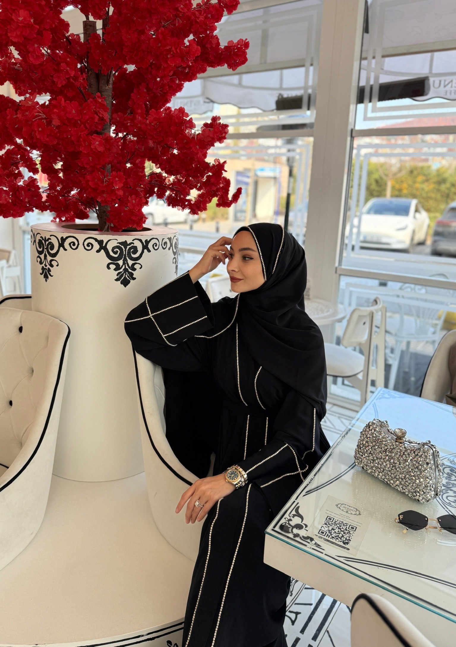 PARLA SWAROVSKİ TAŞLI ABAYA SİYAH 