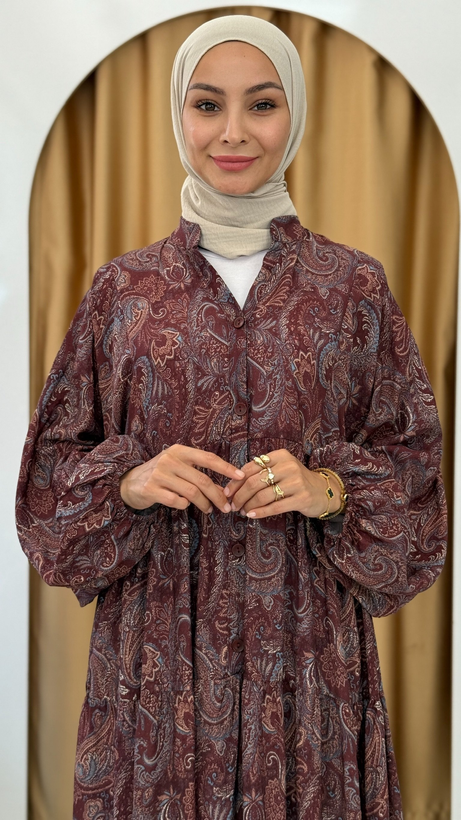 BORDO ETNİK DESENLİ TENSEL ELBİSE