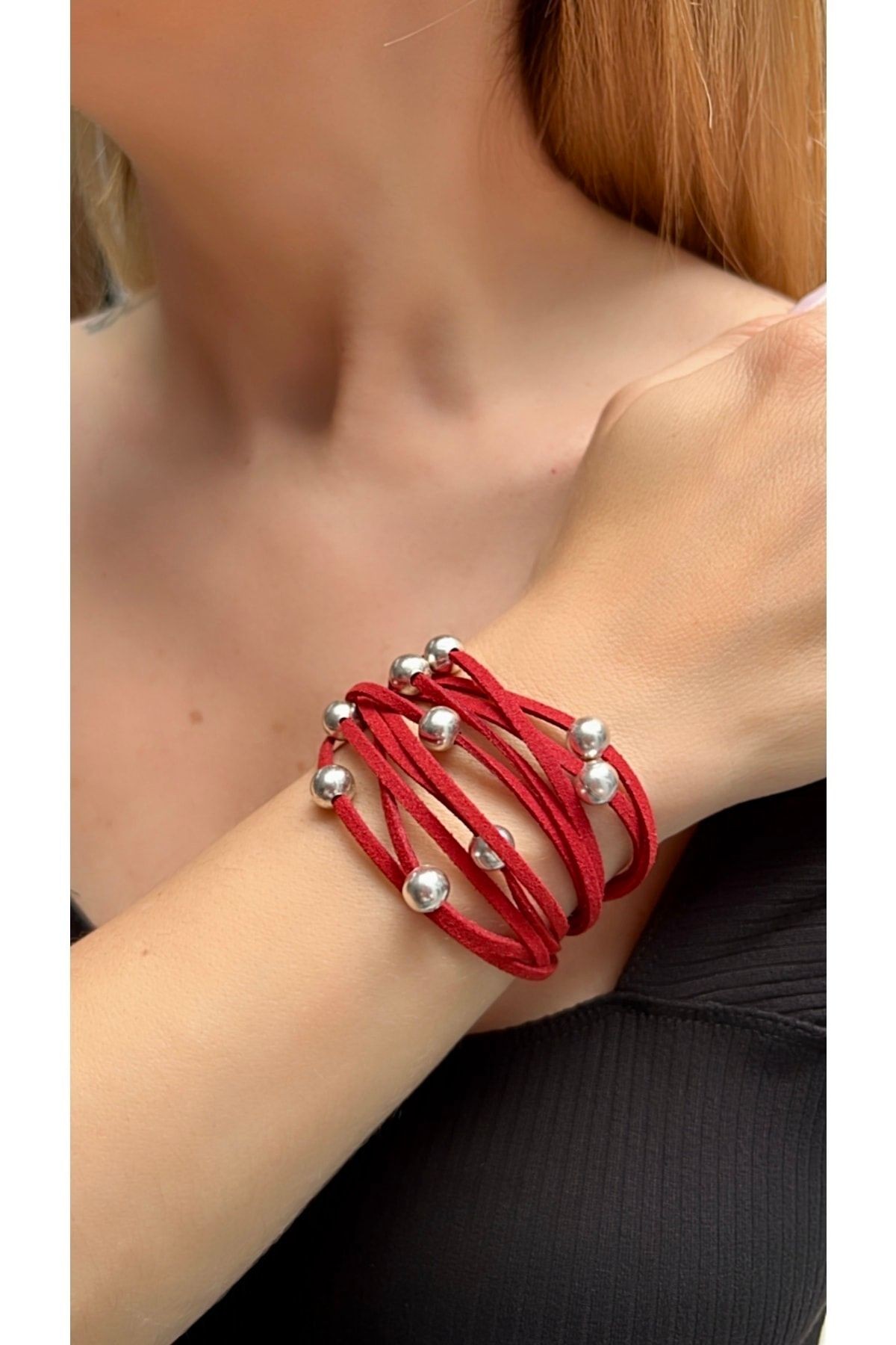 Claret Red Suede Bracelet with Silver Bead Detail