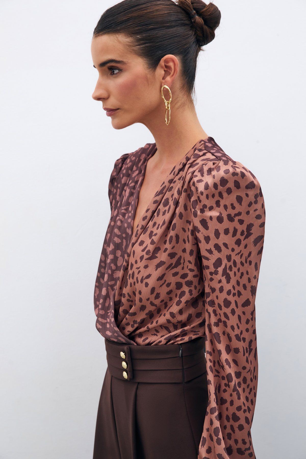 Kruvaze Desenli Bodysuit - Camel-Kahve