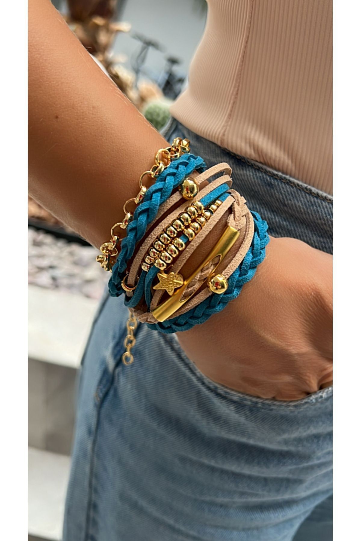 Gold Multiple Suede Leather Bracelet - petrol blue