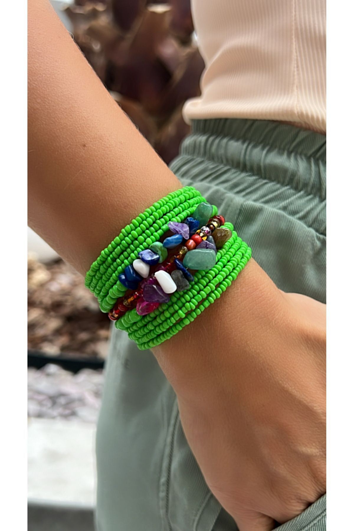 Vibrant Green Beaded Bracelet - Bohemian Design with Colorful Natural Stone Detail