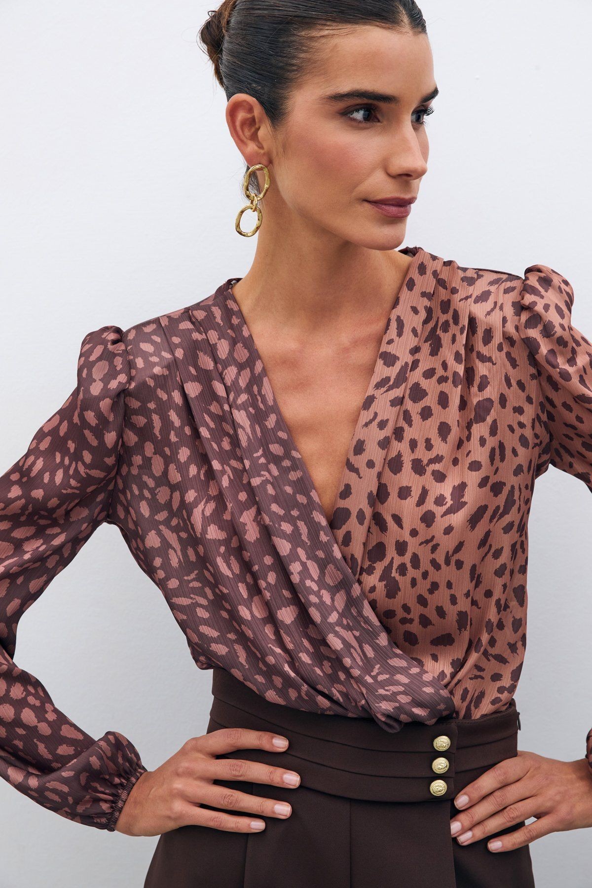 Kruvaze Desenli Bodysuit - Camel-Kahve