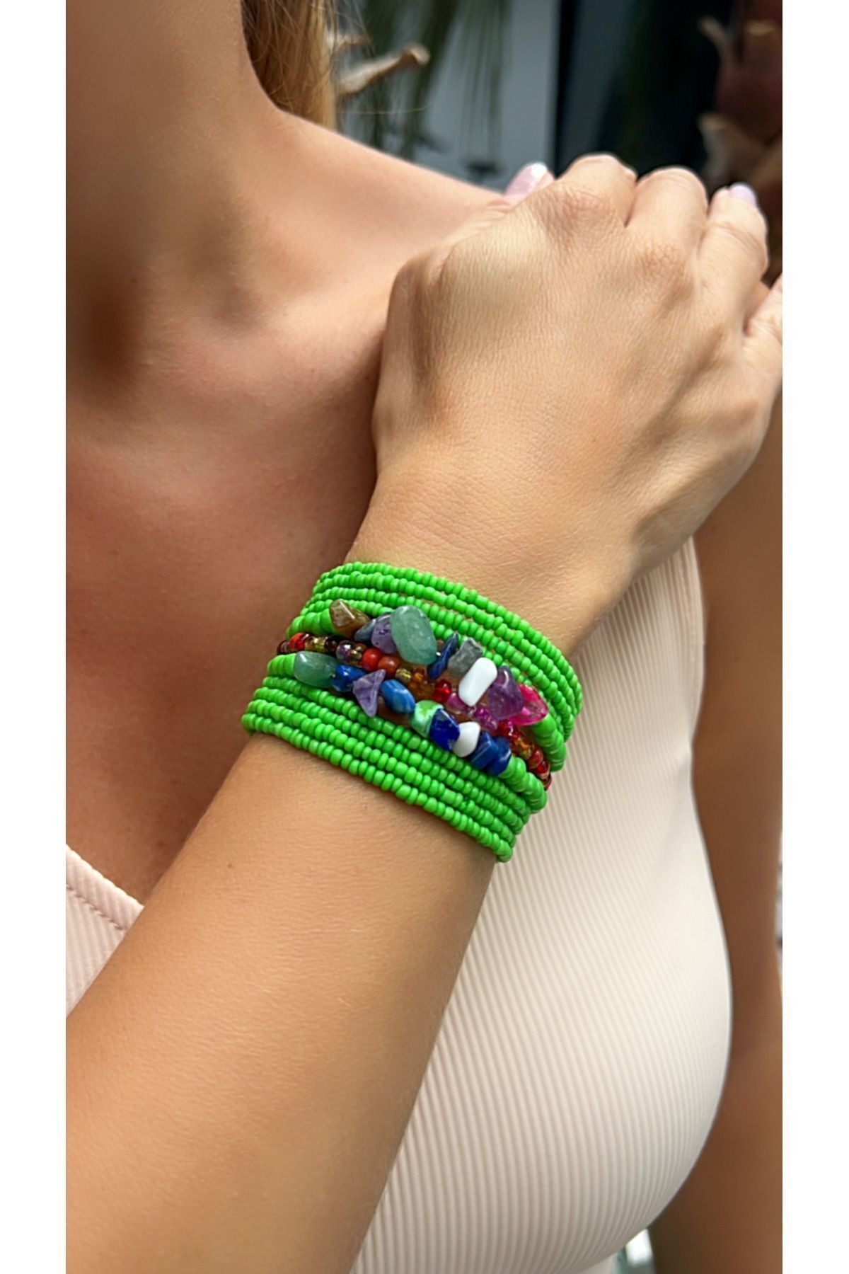 Vibrant Green Beaded Bracelet - Bohemian Design with Colorful Natural Stone Detail - neon green