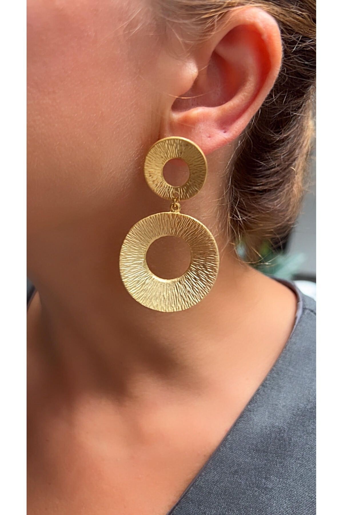 Gold Plated Round Patterned Large Earrings – Flashy and Stylish Design