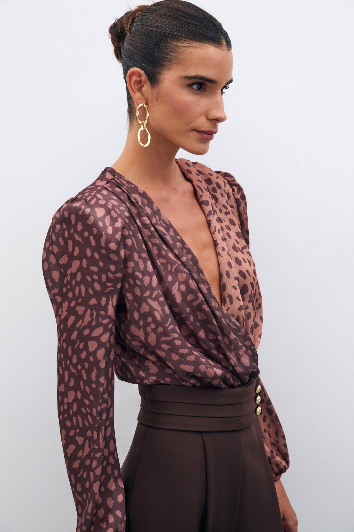Kruvaze Desenli Bodysuit - Camel-Kahve