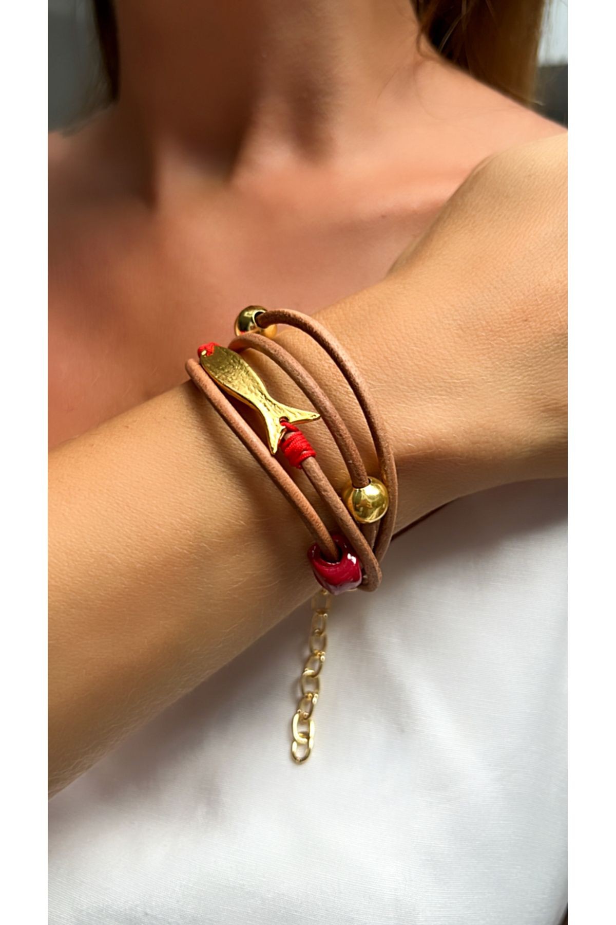 Women's Tan Color Multiple Leather and Gold Plated Fish Figure Design Bracelet