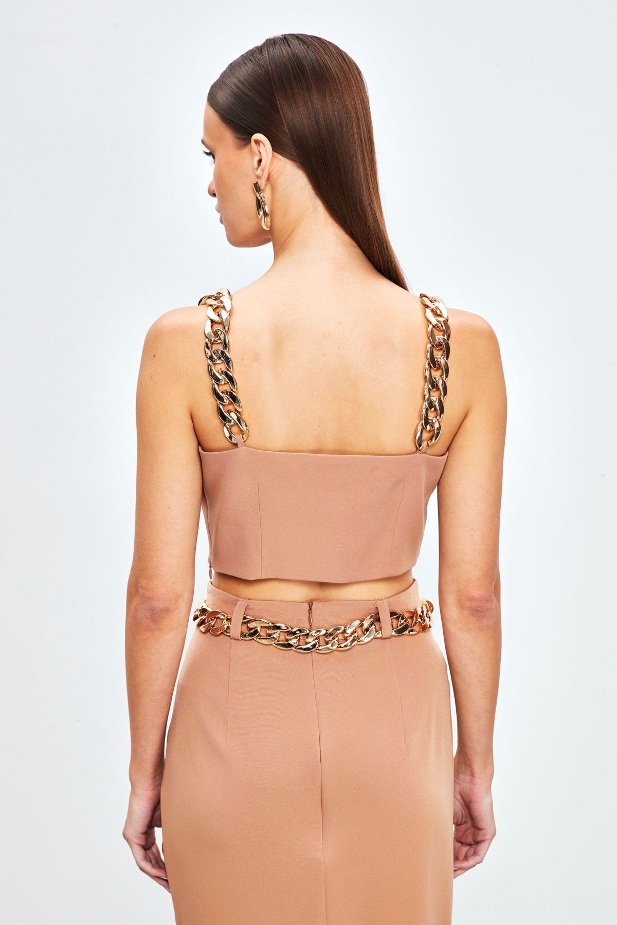 Gold Zincir Askılı Crop Bluz - CAMEL