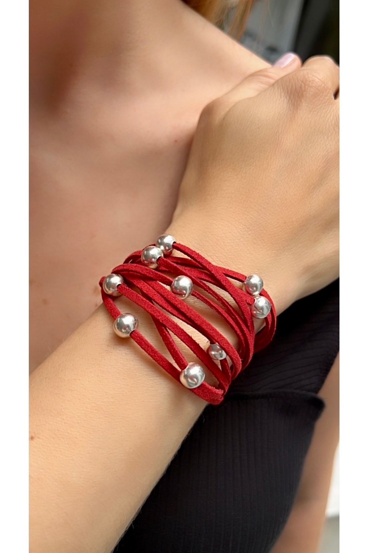 Claret Red Suede Bracelet with Silver Bead Detail