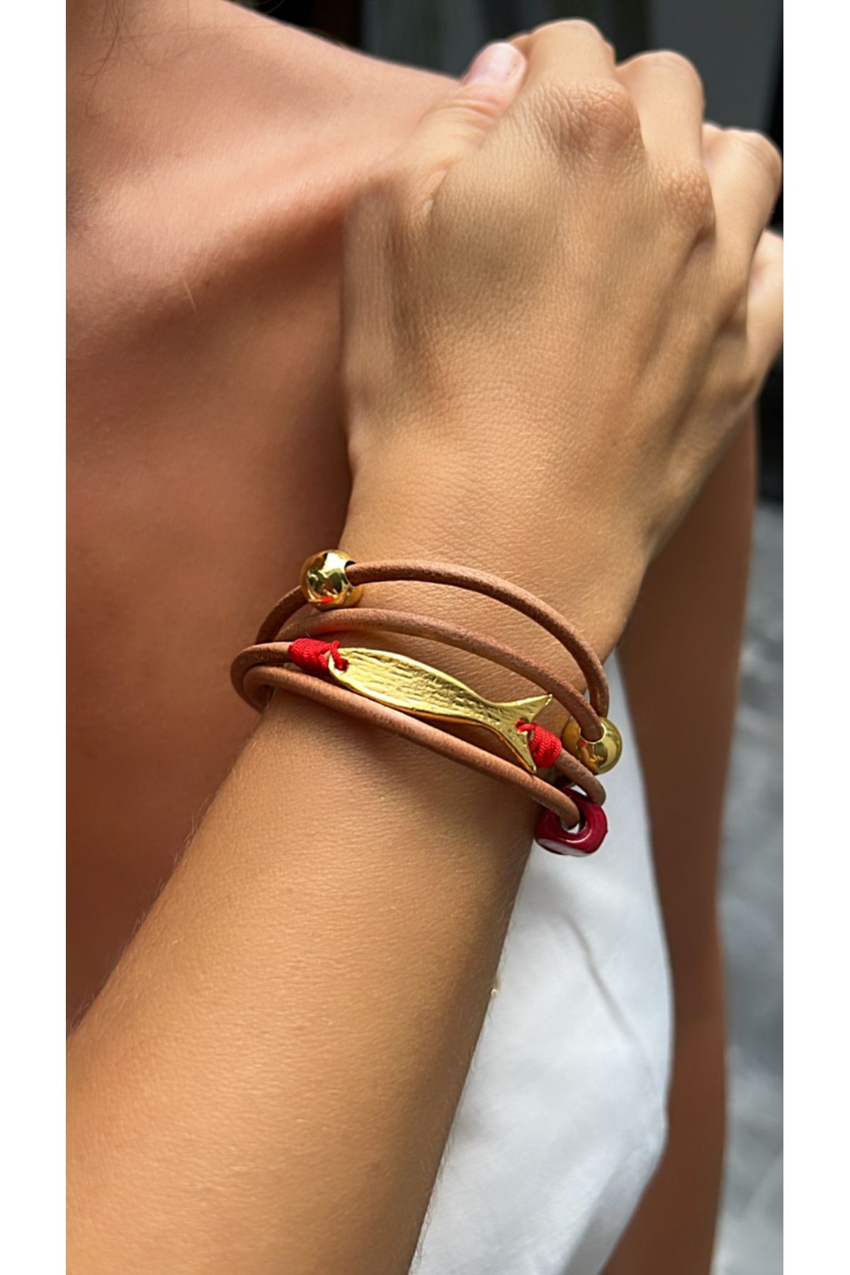 Women's Tan Color Multiple Leather and Gold Plated Fish Figure Design Bracelet